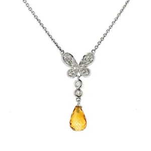 14K White Gold Diamond & Citrine Butterfly Pendant Necklace
