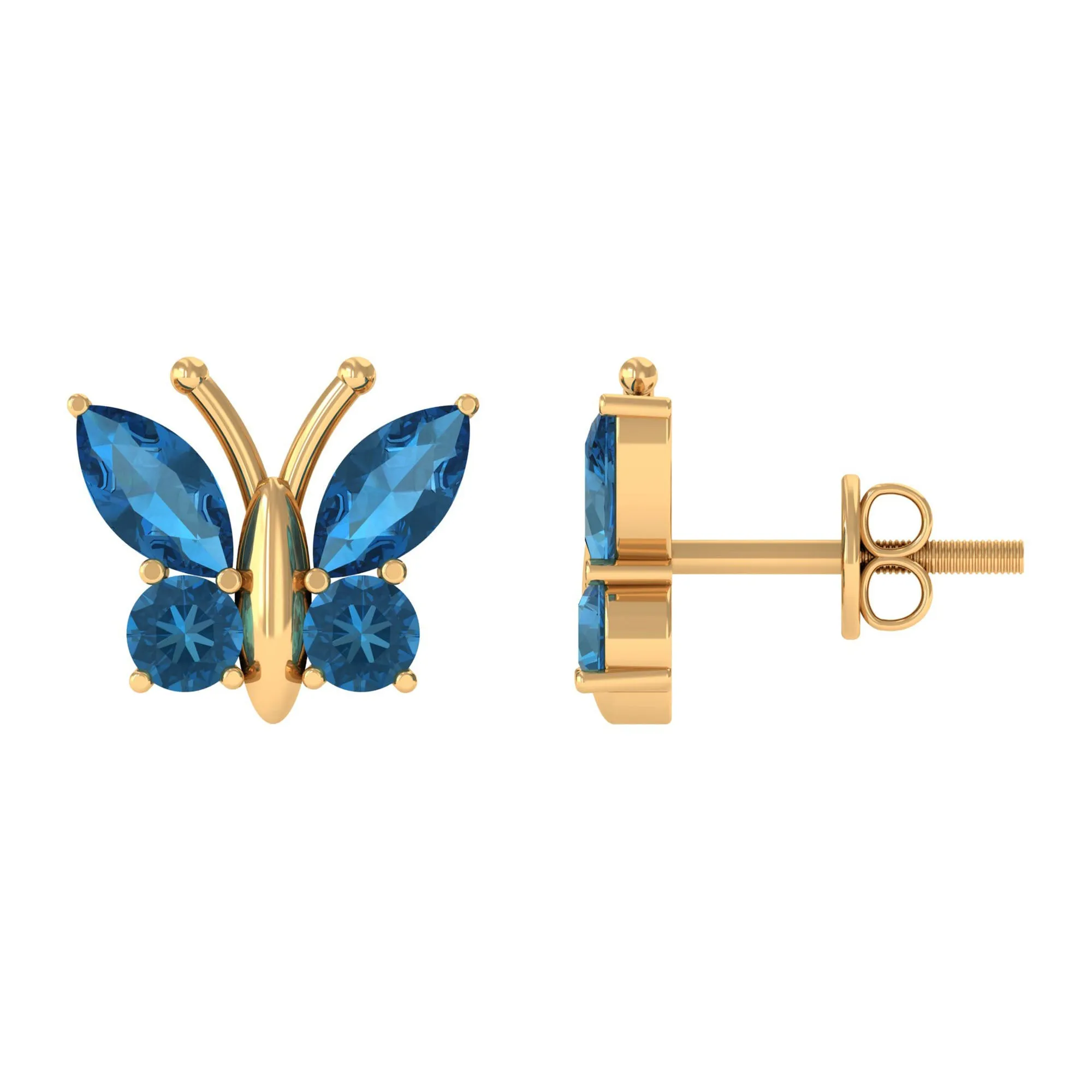 2 CT Butterfly Stud Earrings with Round and Marquise Cut London Blue Topaz