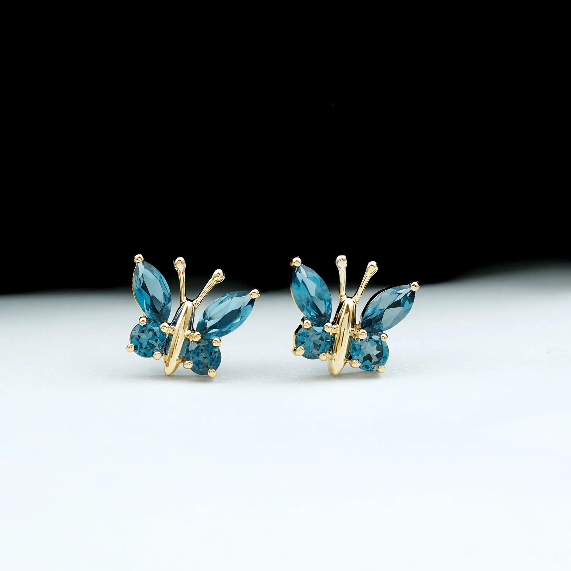 2 CT Butterfly Stud Earrings with Round and Marquise Cut London Blue Topaz