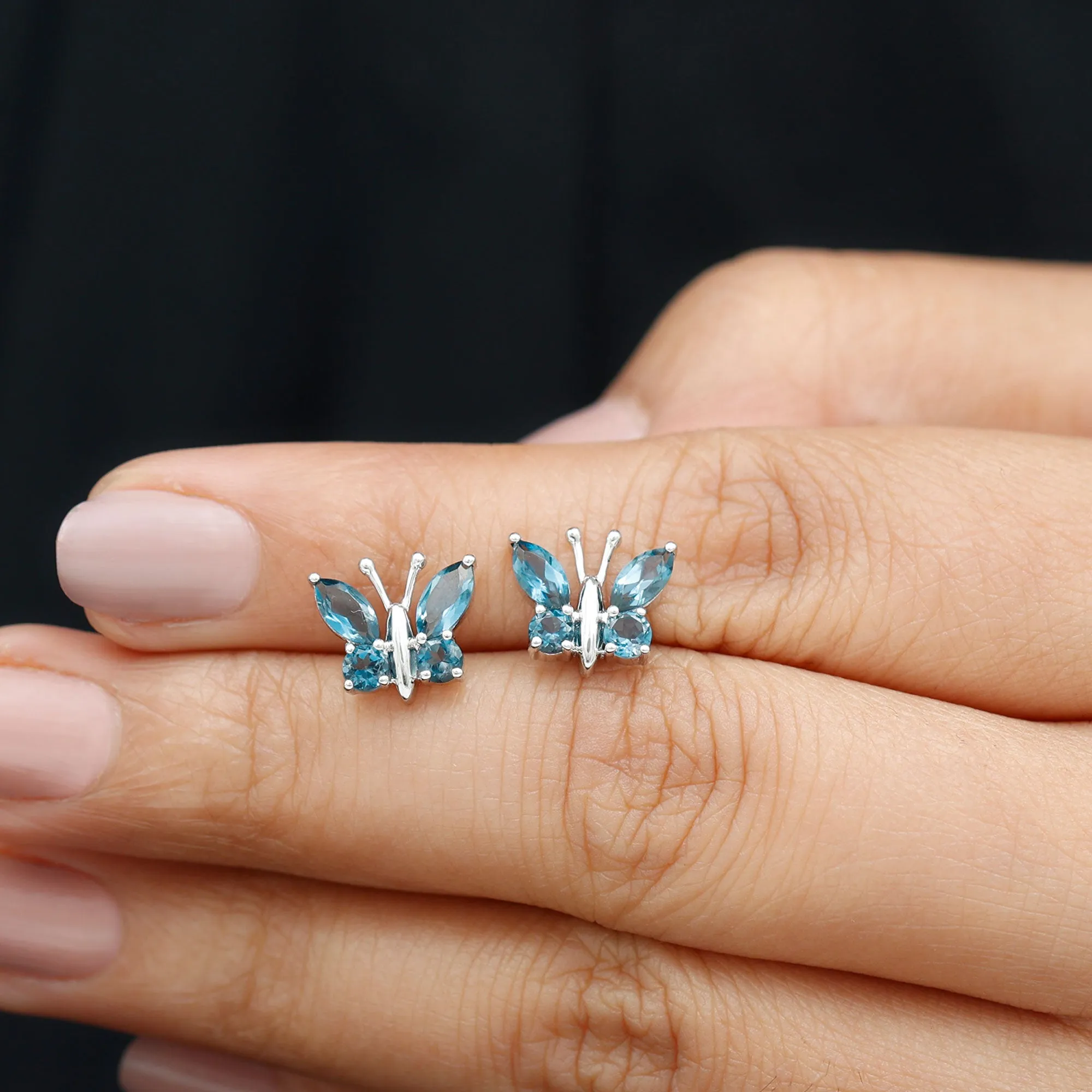 2 CT Butterfly Stud Earrings with Round and Marquise Cut London Blue Topaz