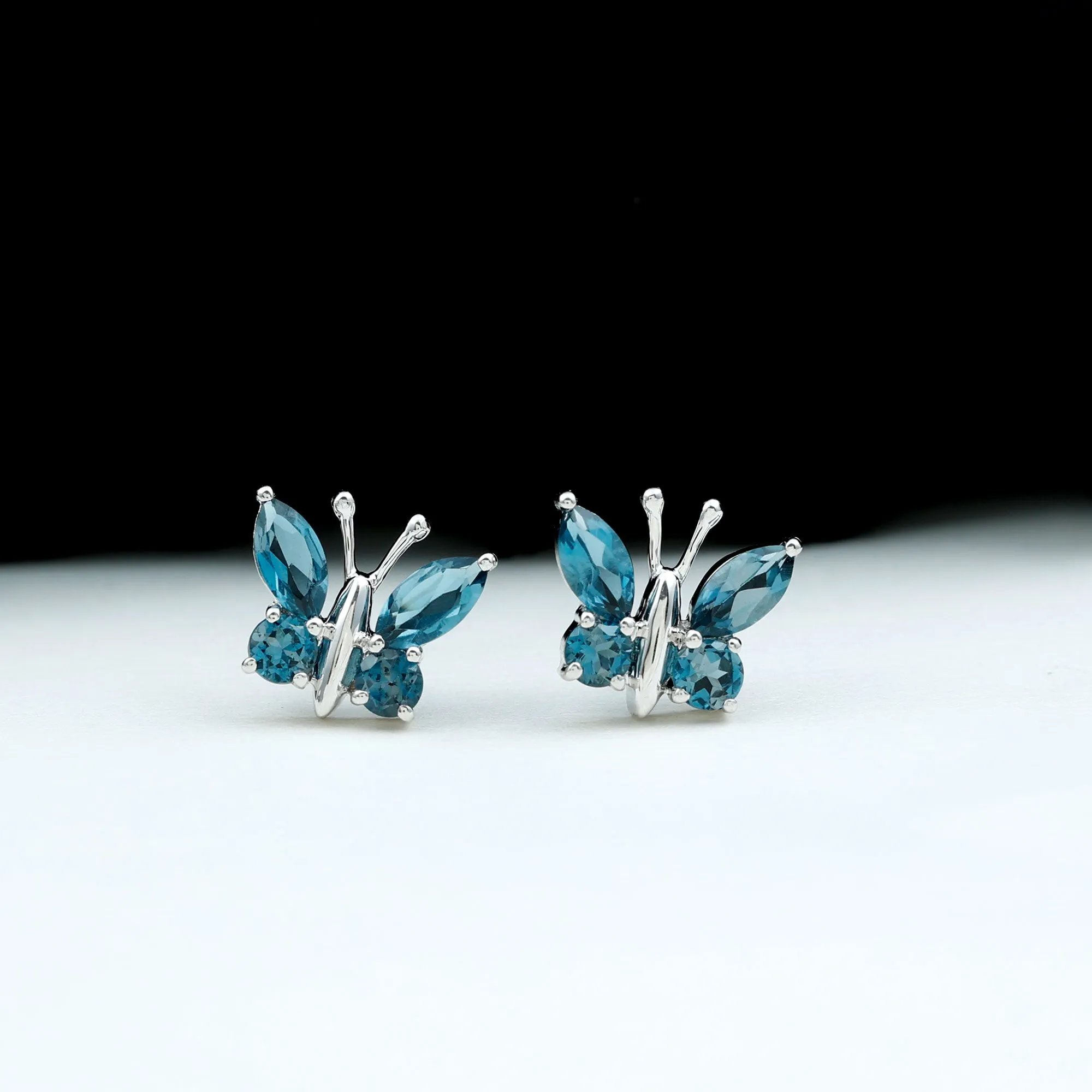 2 CT Butterfly Stud Earrings with Round and Marquise Cut London Blue Topaz