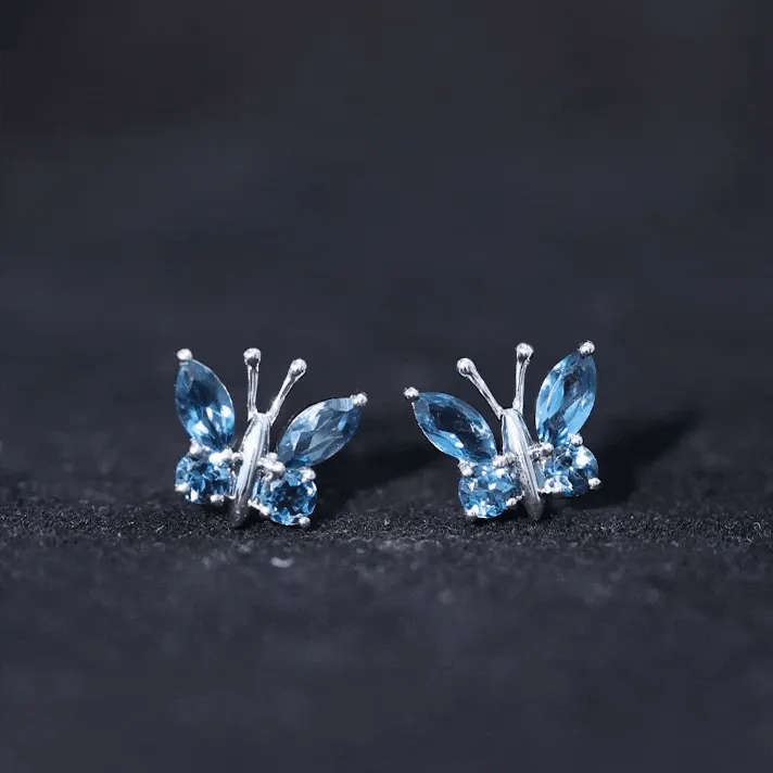 2 CT Butterfly Stud Earrings with Round and Marquise Cut London Blue Topaz