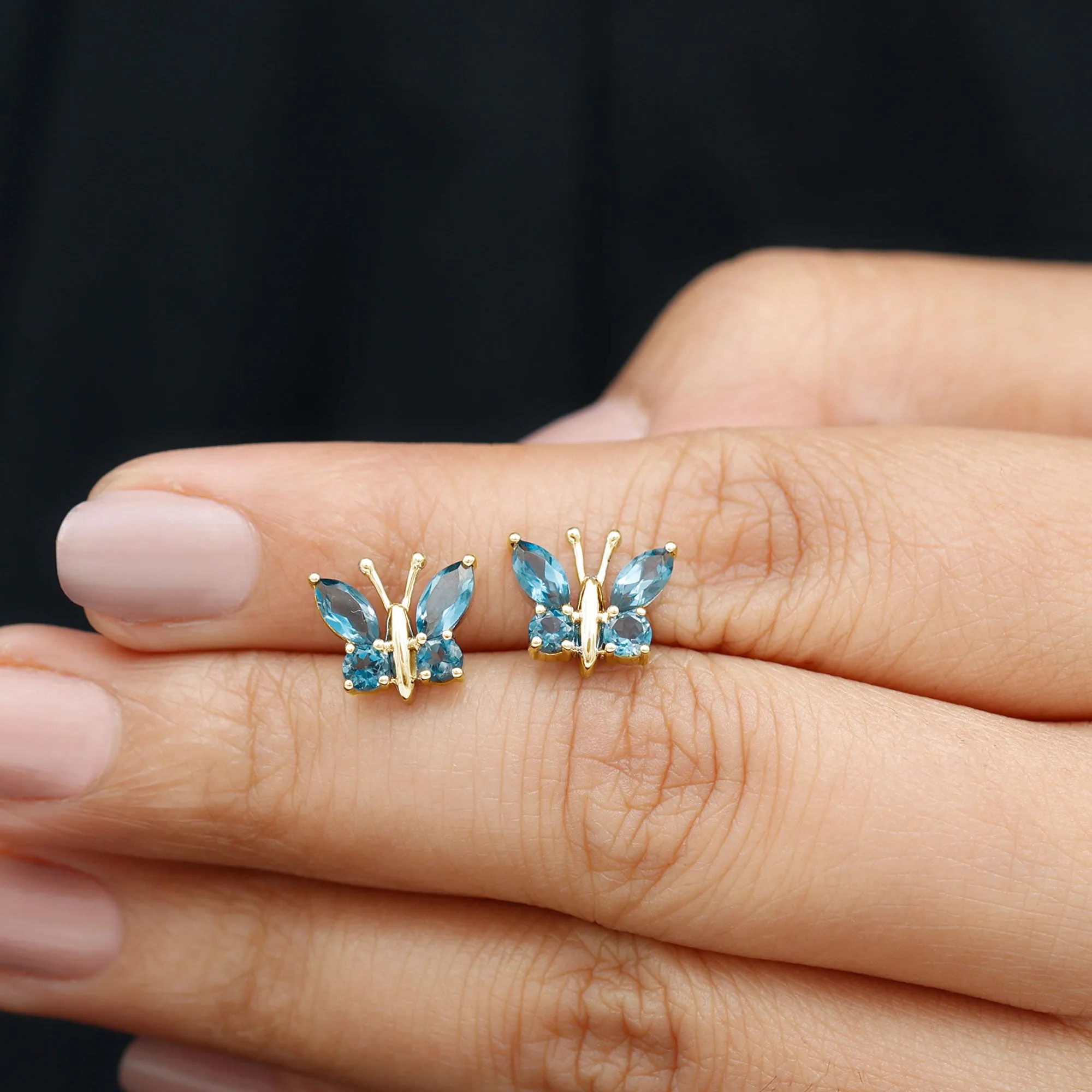 2 CT Butterfly Stud Earrings with Round and Marquise Cut London Blue Topaz