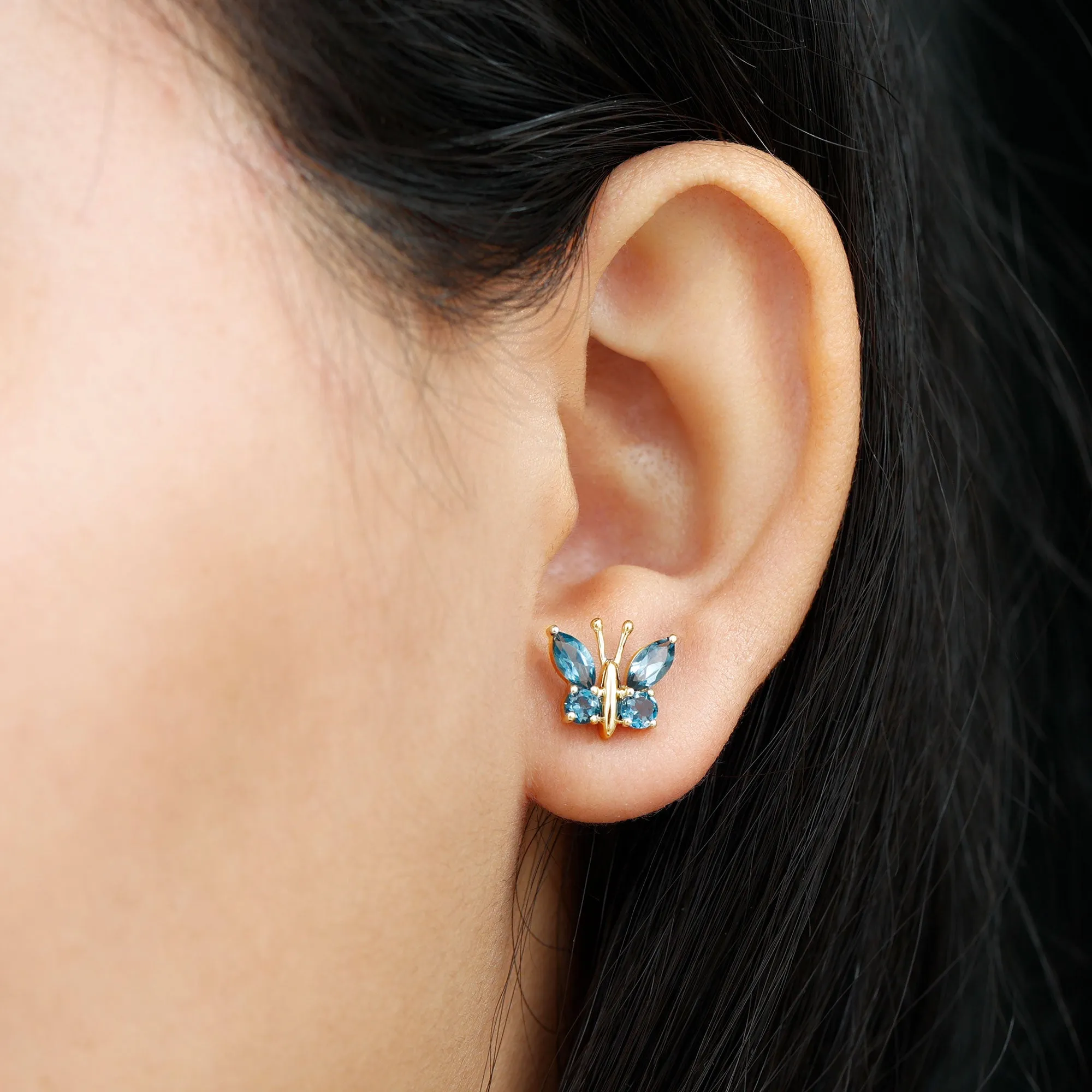 2 CT Butterfly Stud Earrings with Round and Marquise Cut London Blue Topaz