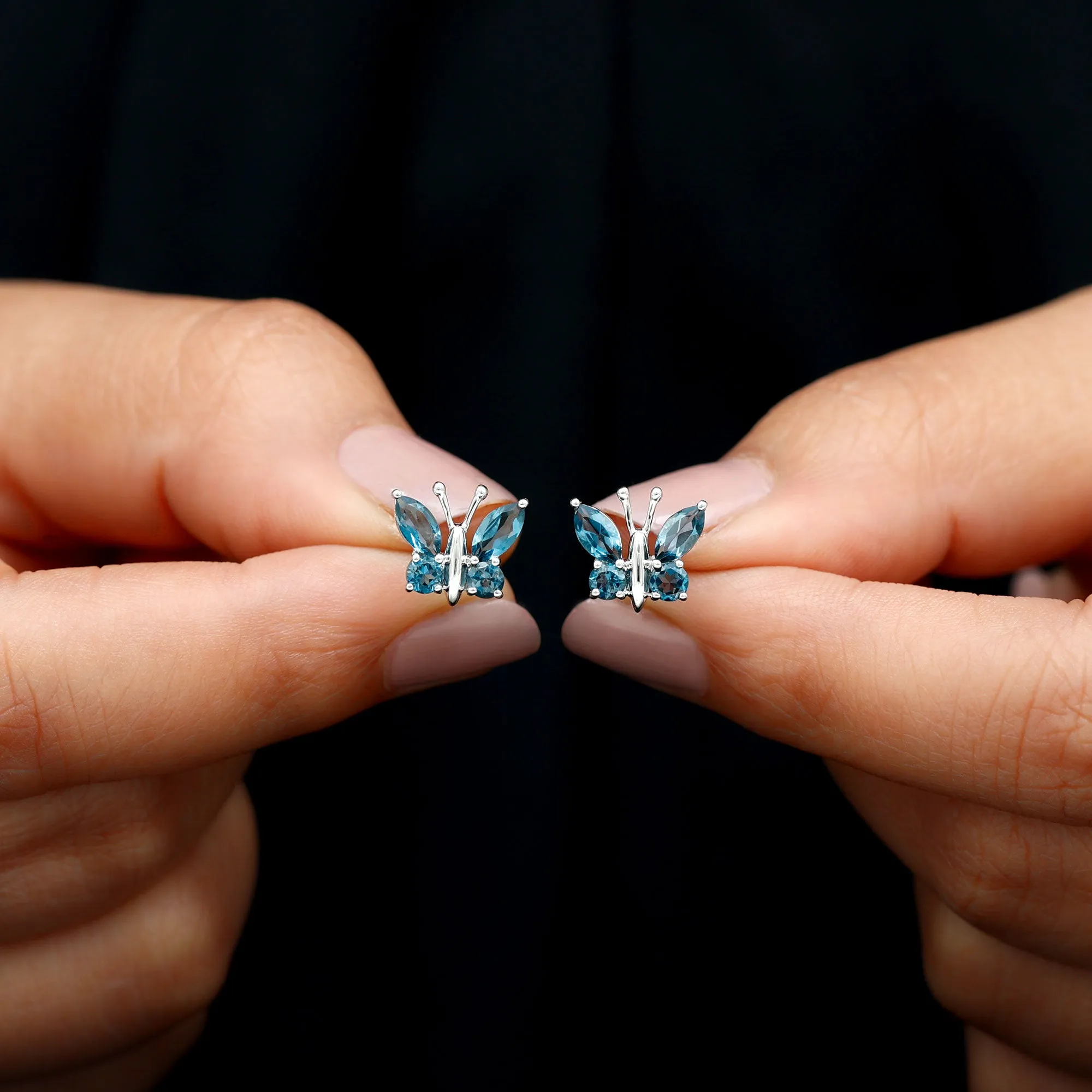 2 CT Butterfly Stud Earrings with Round and Marquise Cut London Blue Topaz