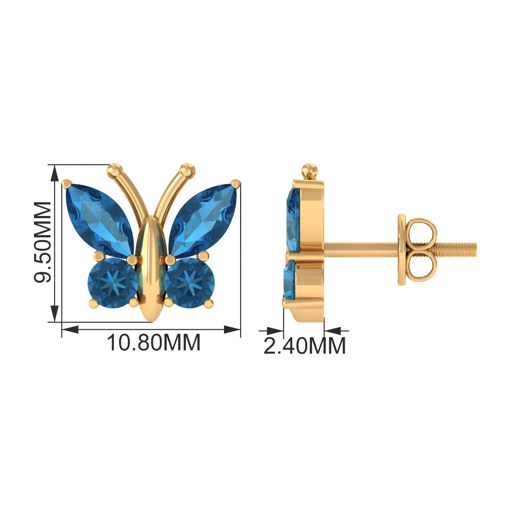 2 CT Butterfly Stud Earrings with Round and Marquise Cut London Blue Topaz
