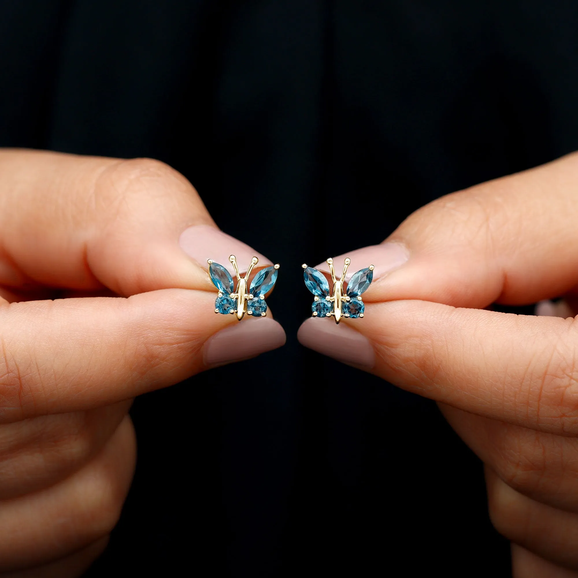 2 CT Butterfly Stud Earrings with Round and Marquise Cut London Blue Topaz