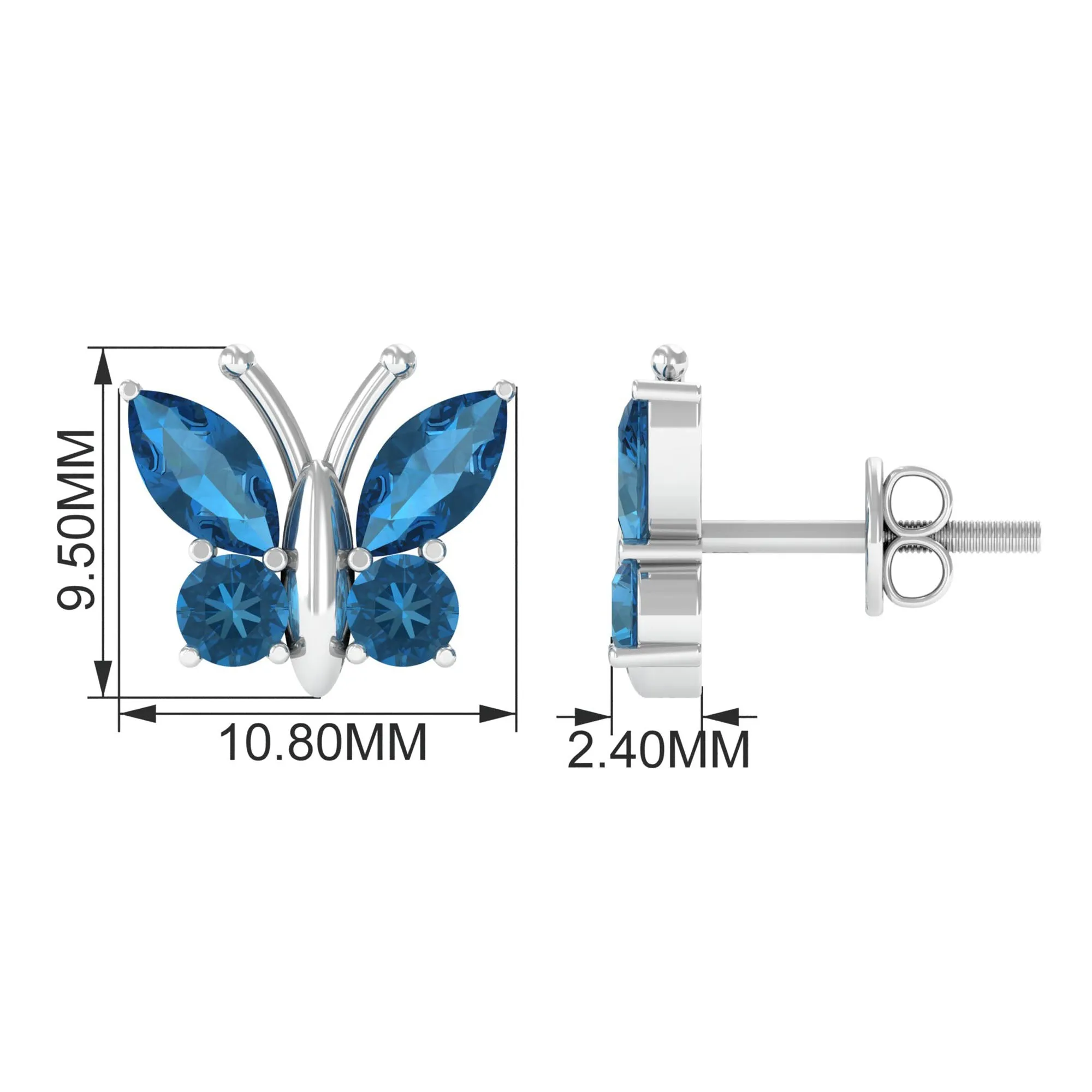 2 CT Butterfly Stud Earrings with Round and Marquise Cut London Blue Topaz