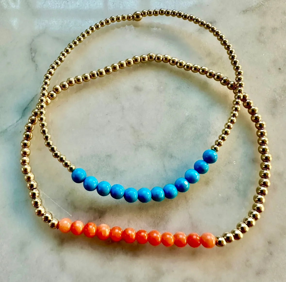 2mm Beaded Bracelet w/ Row of 3mm Orange Coral Beads