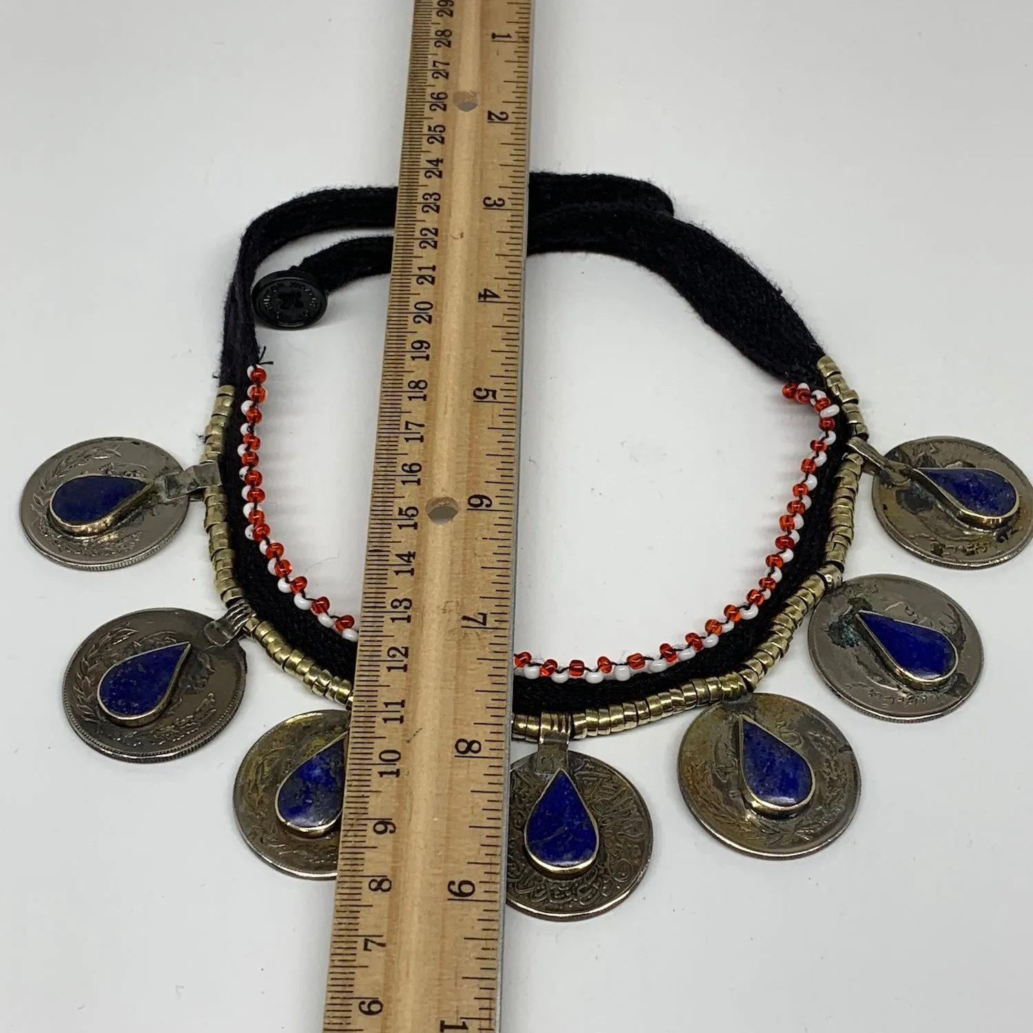 Afghan Turkmen Tribal Coin Choker Teardrop Blue Lapis Lazuli Inlay Necklace Hand