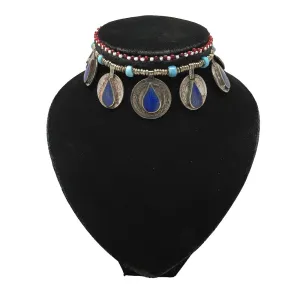 Afghan Turkmen Tribal Coin Choker Teardrop Blue Lapis Lazuli Inlay Necklace Hand