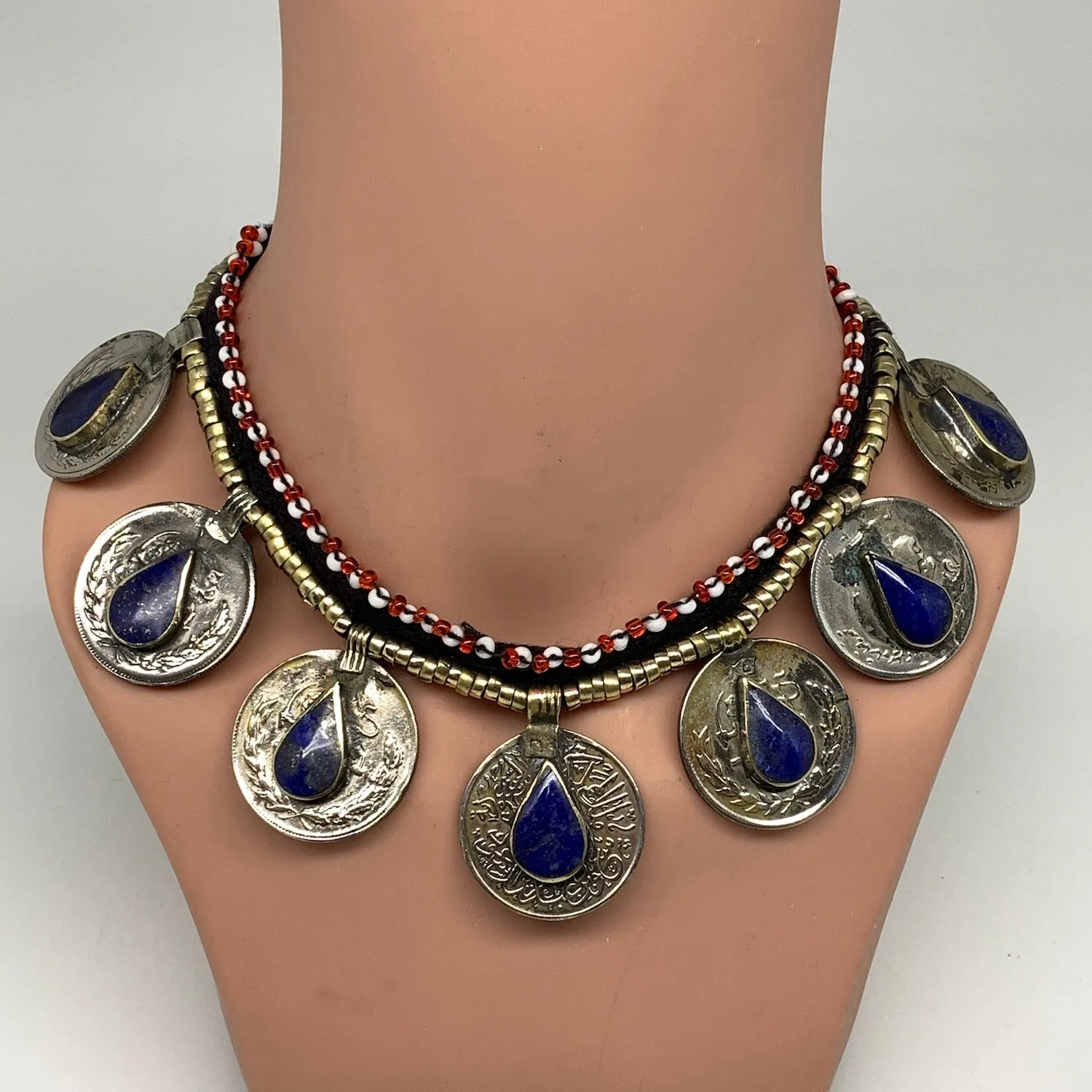 Afghan Turkmen Tribal Coin Choker Teardrop Blue Lapis Lazuli Inlay Necklace Hand