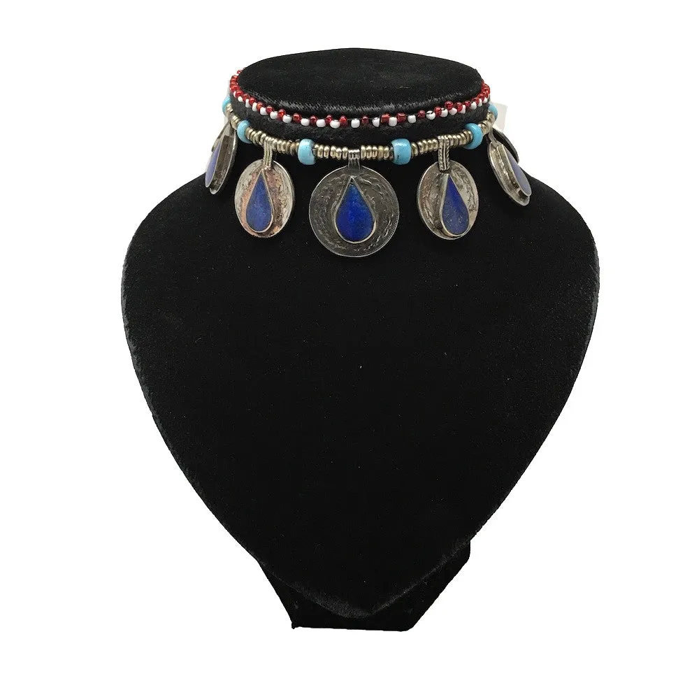 Afghan Turkmen Tribal Coin Choker Teardrop Blue Lapis Lazuli Inlay Necklace Hand