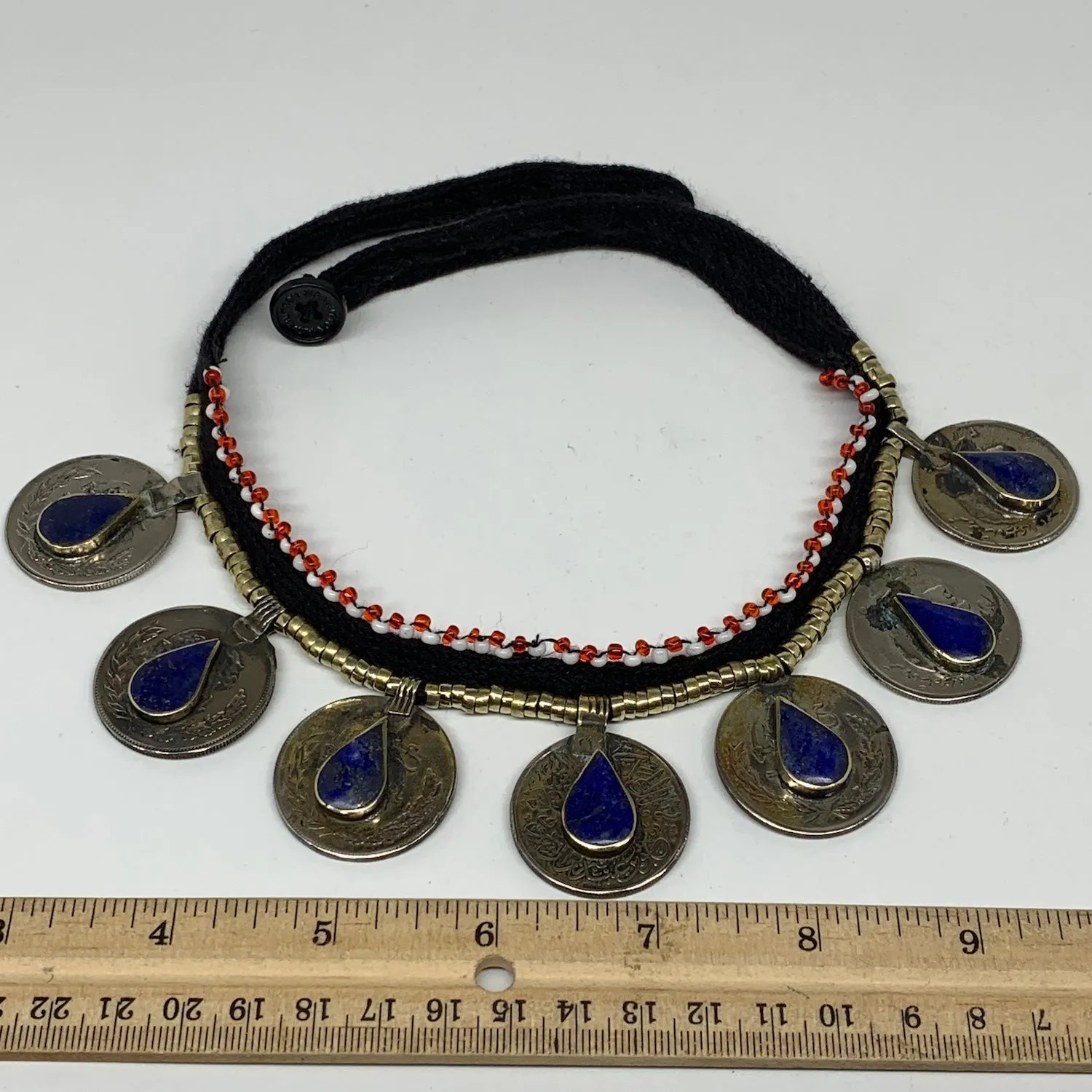 Afghan Turkmen Tribal Coin Choker Teardrop Blue Lapis Lazuli Inlay Necklace Hand
