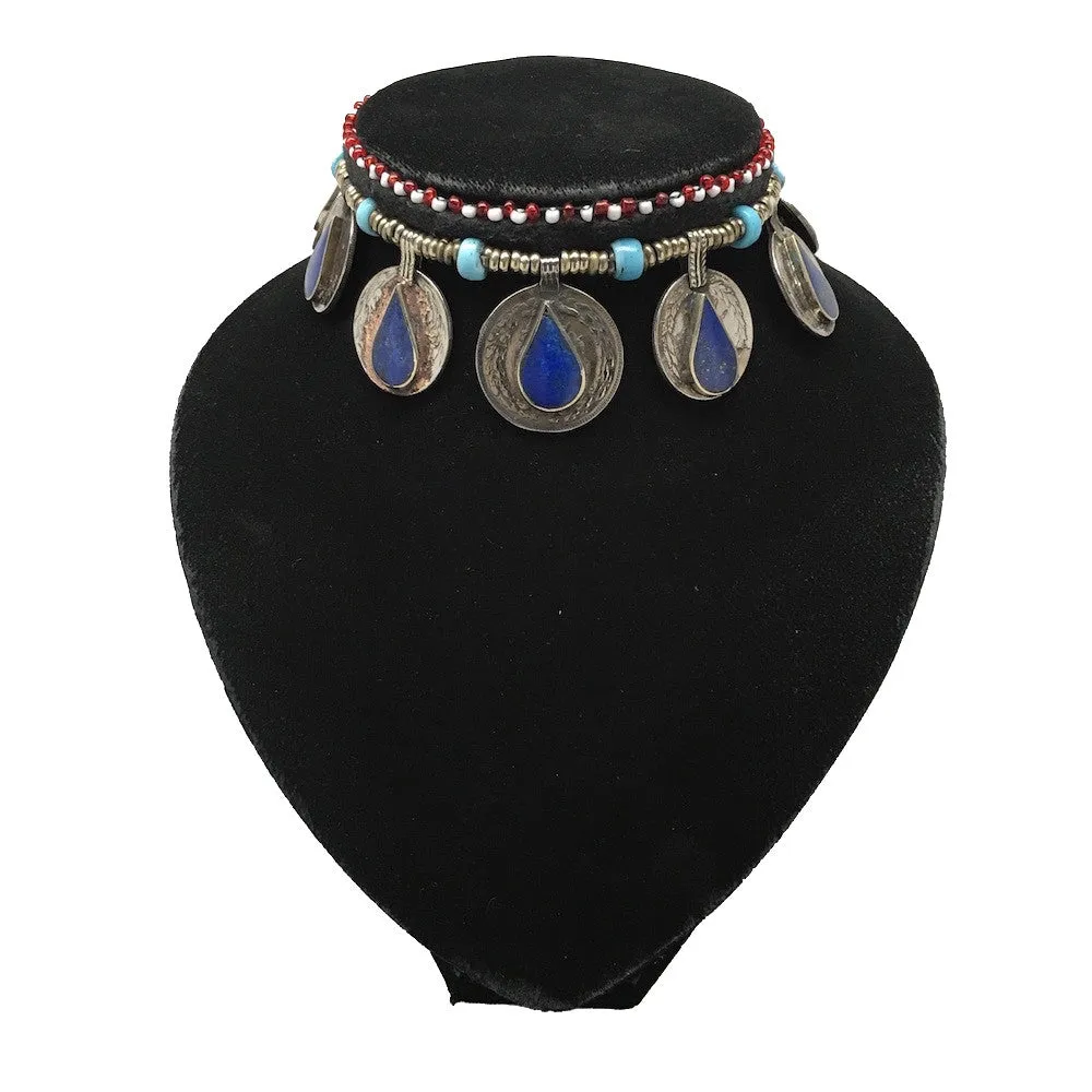 Afghan Turkmen Tribal Coin Choker Teardrop Blue Lapis Lazuli Inlay Necklace Hand