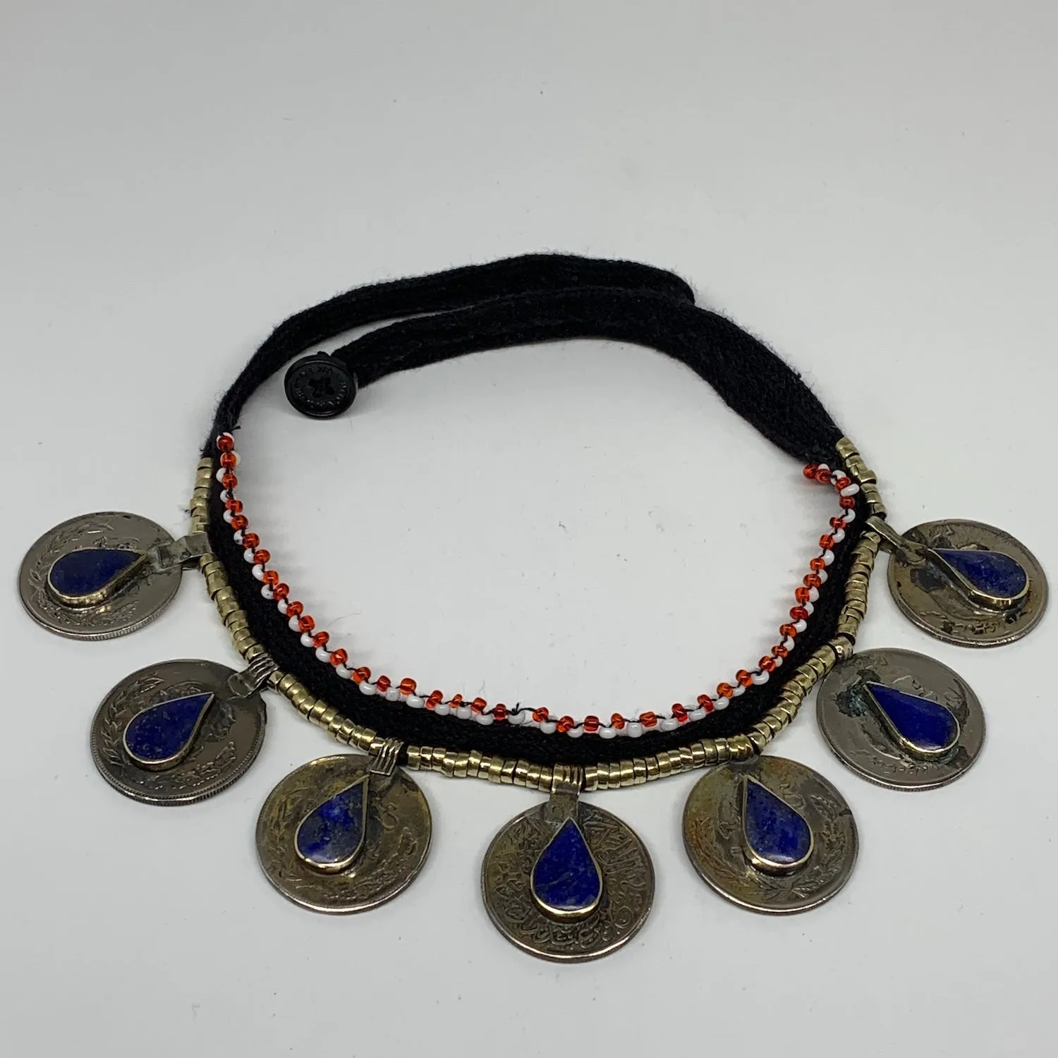 Afghan Turkmen Tribal Coin Choker Teardrop Blue Lapis Lazuli Inlay Necklace Hand