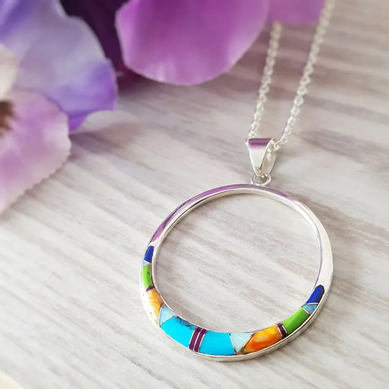 Arizona Turquoise and Inlaid Jewelry Multicolored Open Circle Pendant