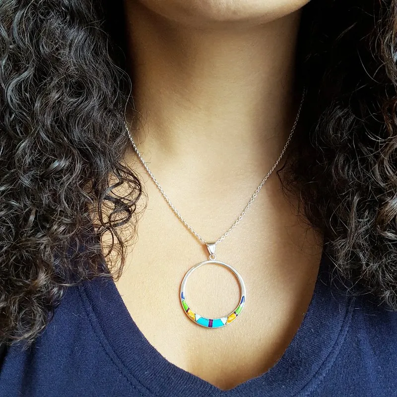 Arizona Turquoise and Inlaid Jewelry Multicolored Open Circle Pendant