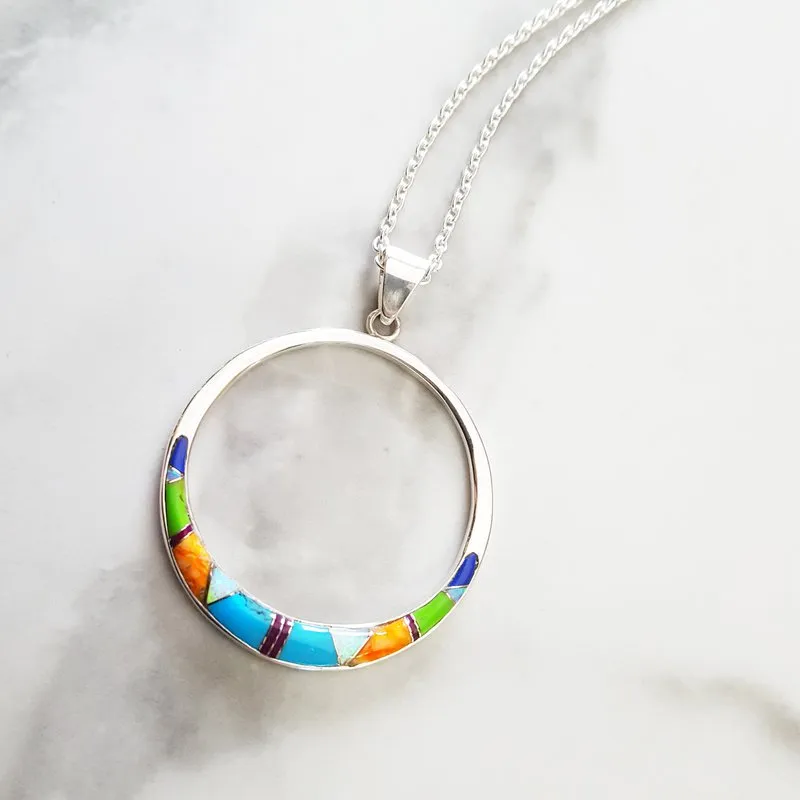 Arizona Turquoise and Inlaid Jewelry Multicolored Open Circle Pendant