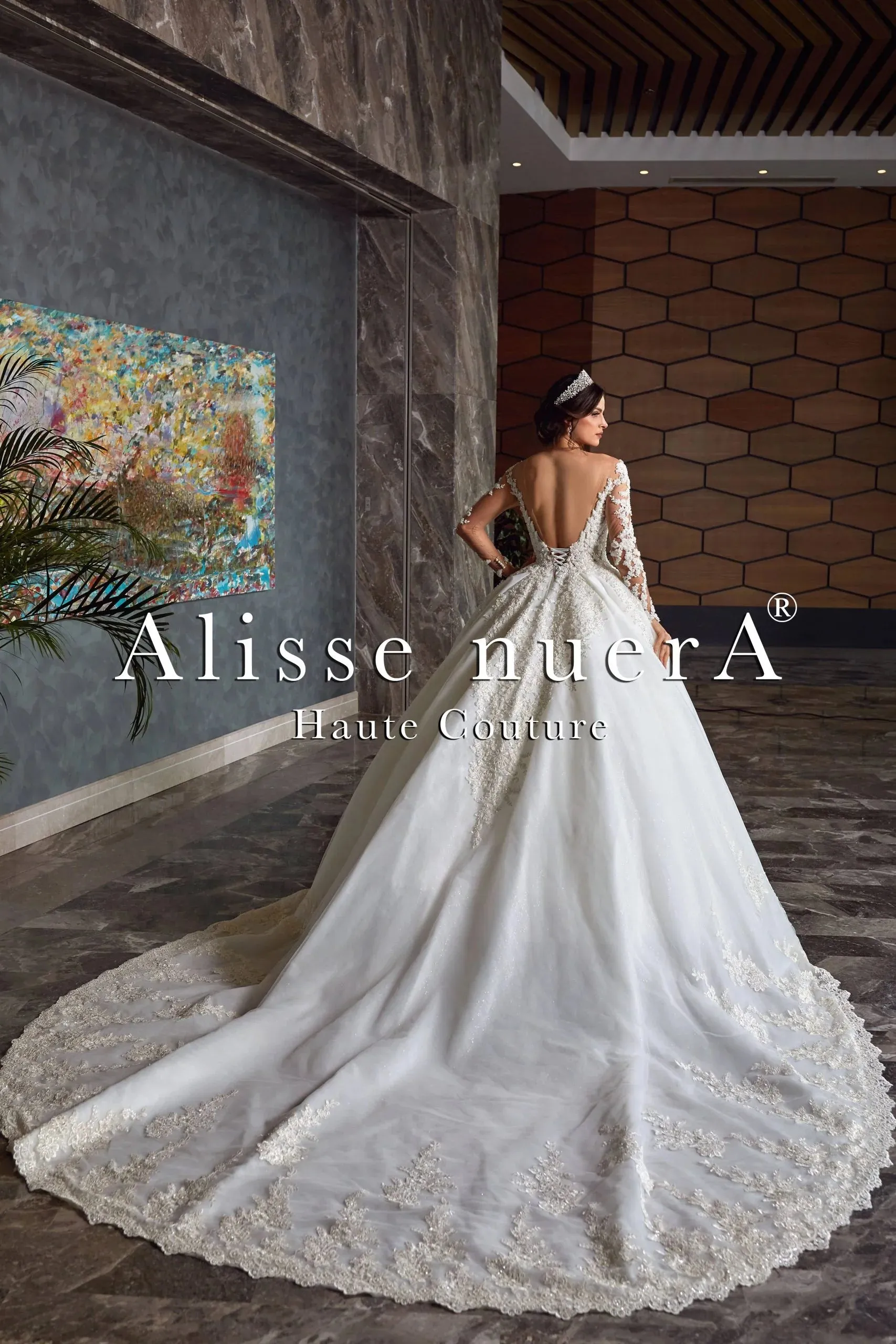 Backless Off White Floral Wedding Dress with Long Sleeve