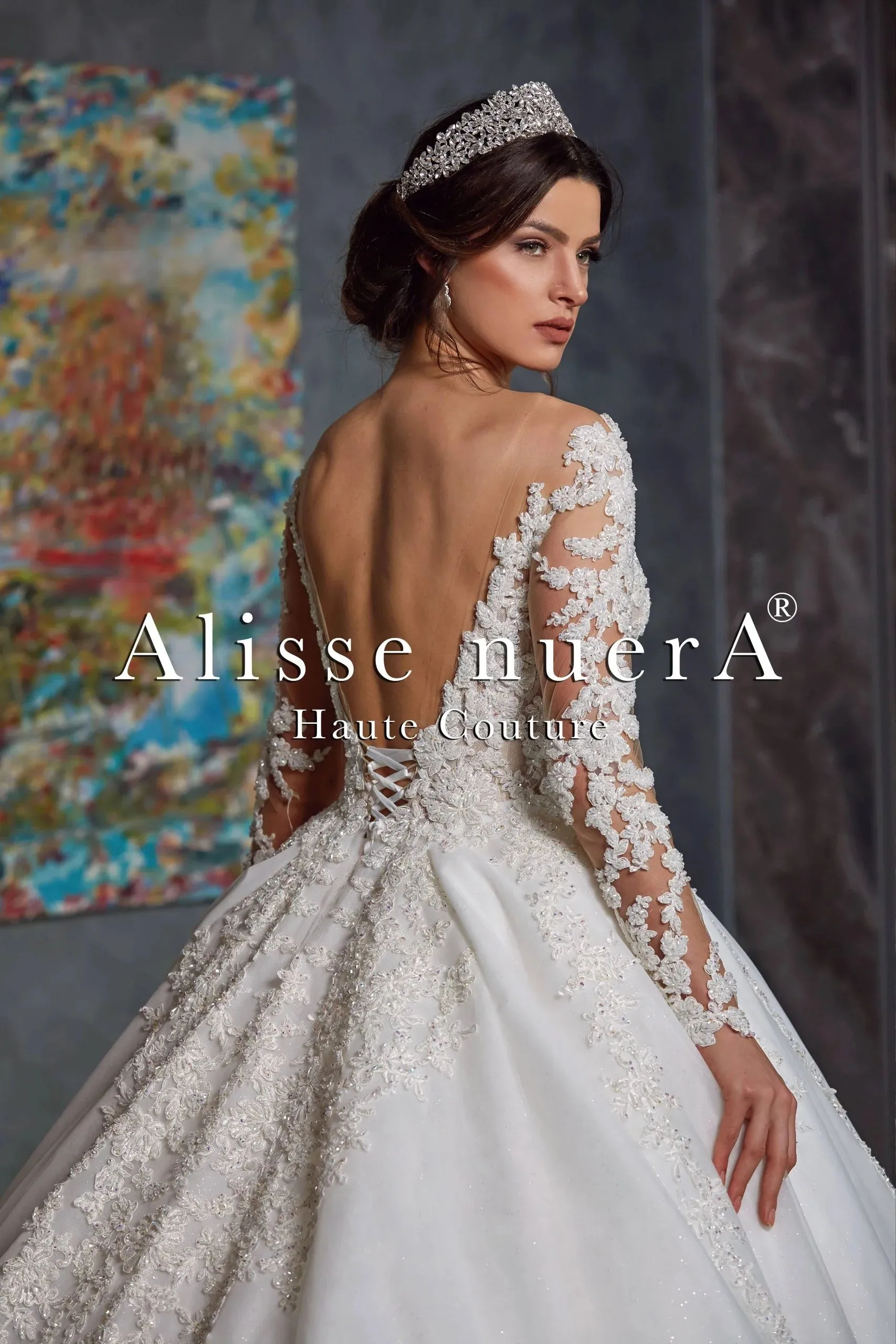 Backless Off White Floral Wedding Dress with Long Sleeve