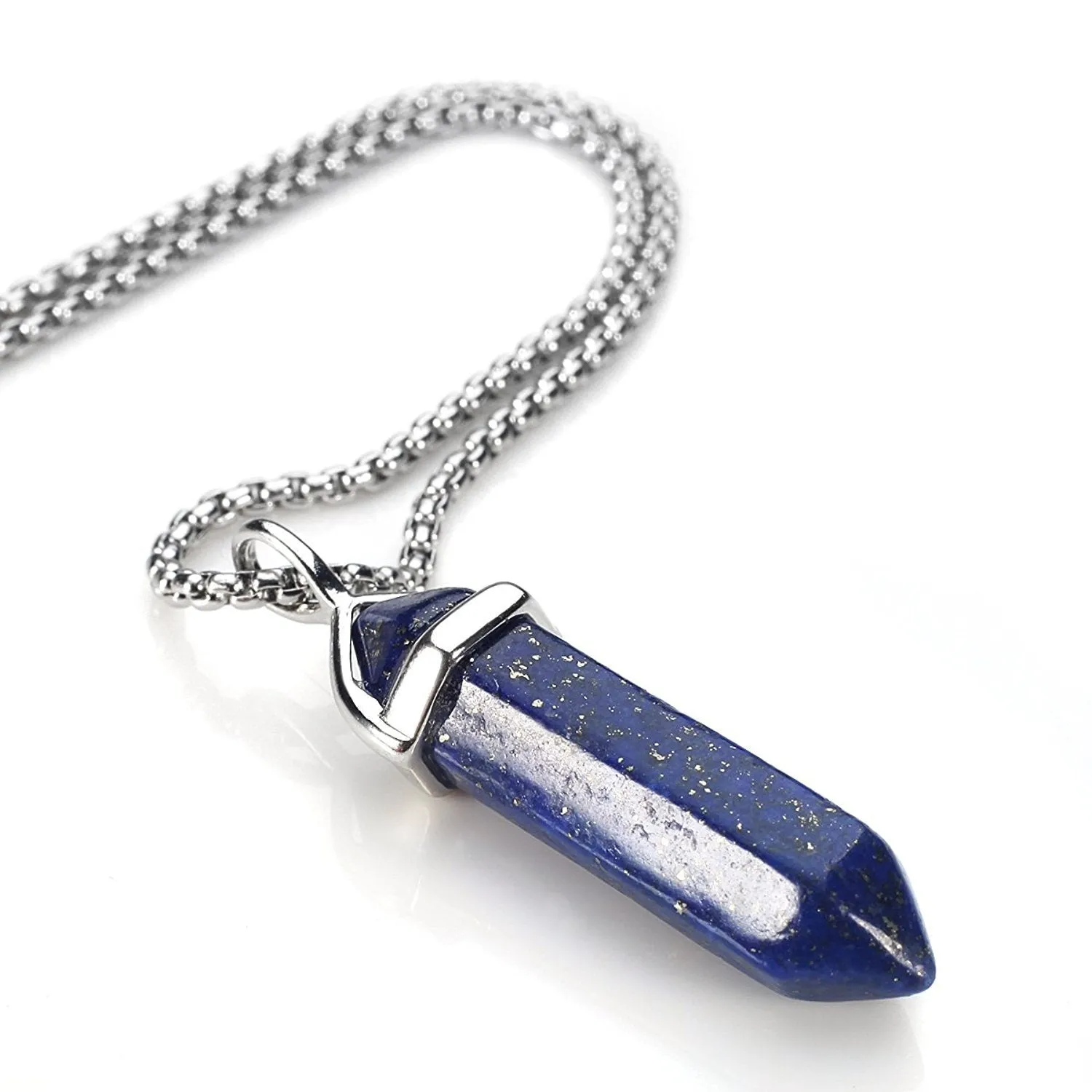 BEADNOVA Gemstone Crystal Necklace for Women Healing Stone Pendant Jewelry for Men Pendulum Divination Energy Healing Hexagonal Pendent (18 Inches Stainless Steel Chain) 1) Synthetic Lapis Lazuli