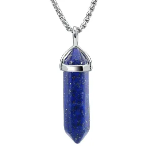 BEADNOVA Gemstone Crystal Necklace for Women Healing Stone Pendant Jewelry for Men Pendulum Divination Energy Healing Hexagonal Pendent (18 Inches Stainless Steel Chain) 1) Synthetic Lapis Lazuli