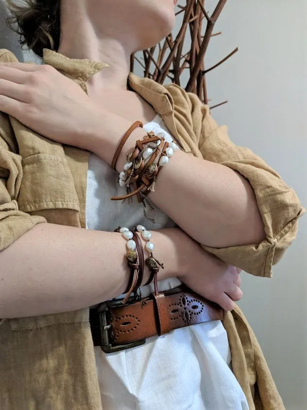Boho Natural Baroque Pearl Leather Wrap Bracelet