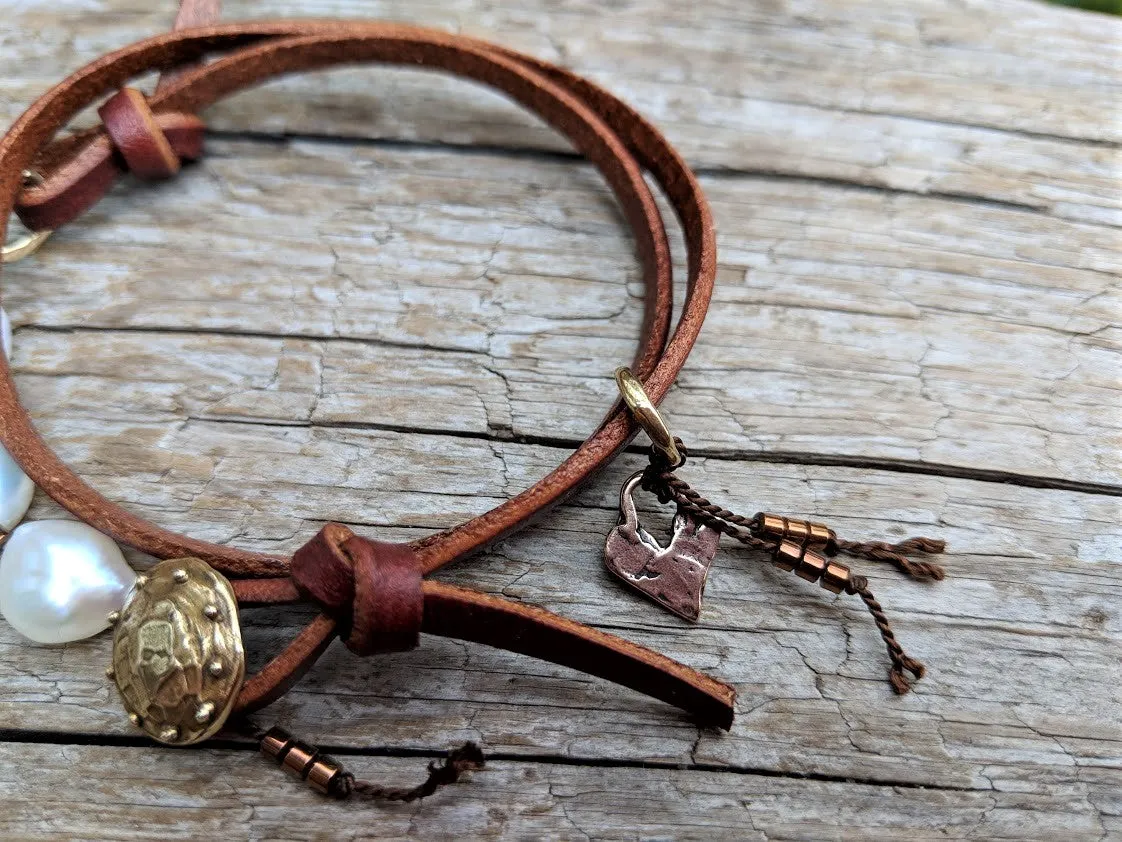 Boho Natural Baroque Pearl Leather Wrap Bracelet
