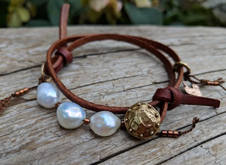Boho Natural Baroque Pearl Leather Wrap Bracelet