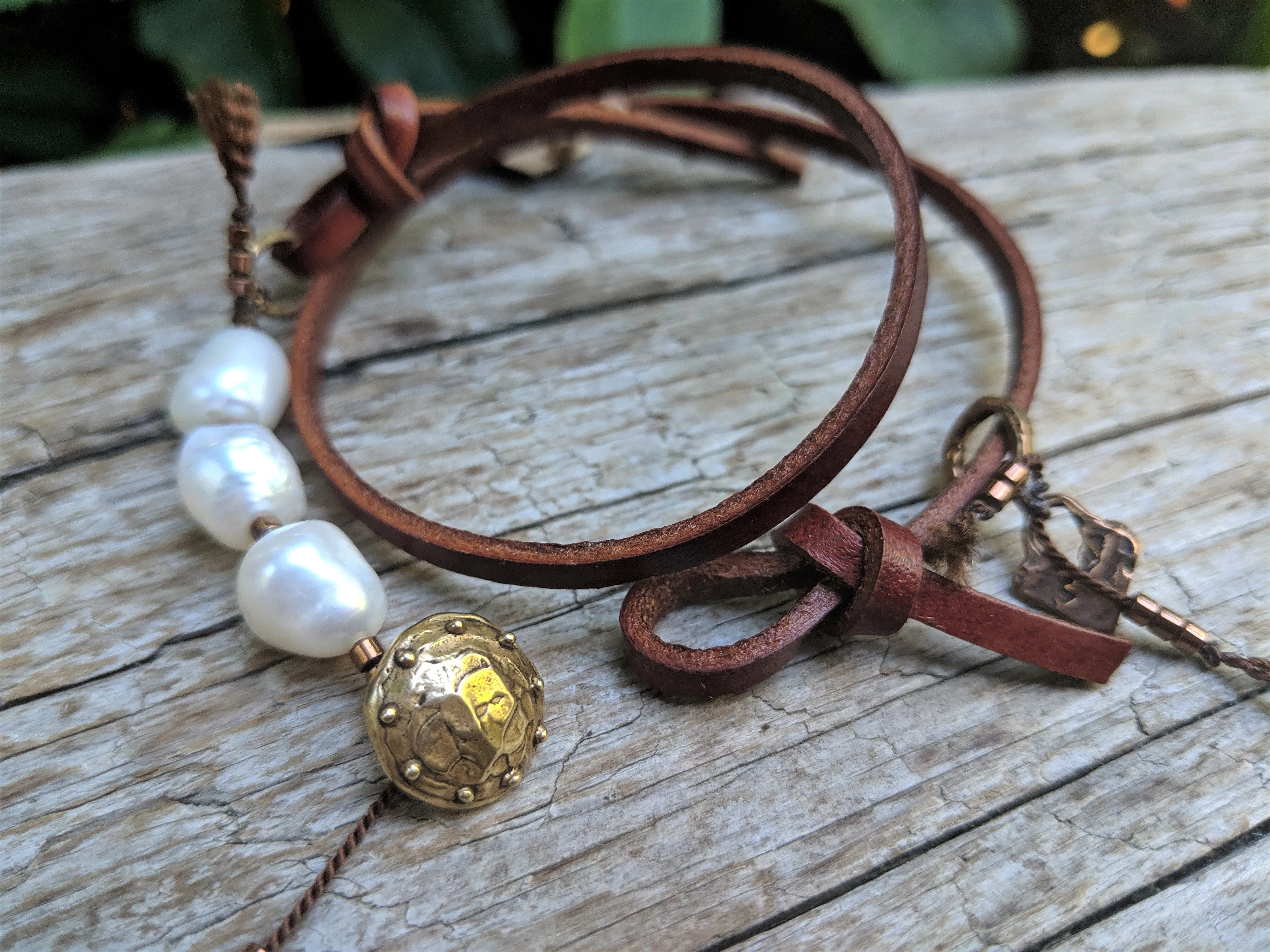 Boho Natural Baroque Pearl Leather Wrap Bracelet