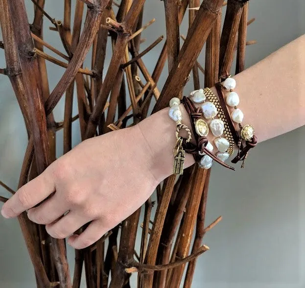 Boho Natural Baroque Pearl Leather Wrap Bracelet