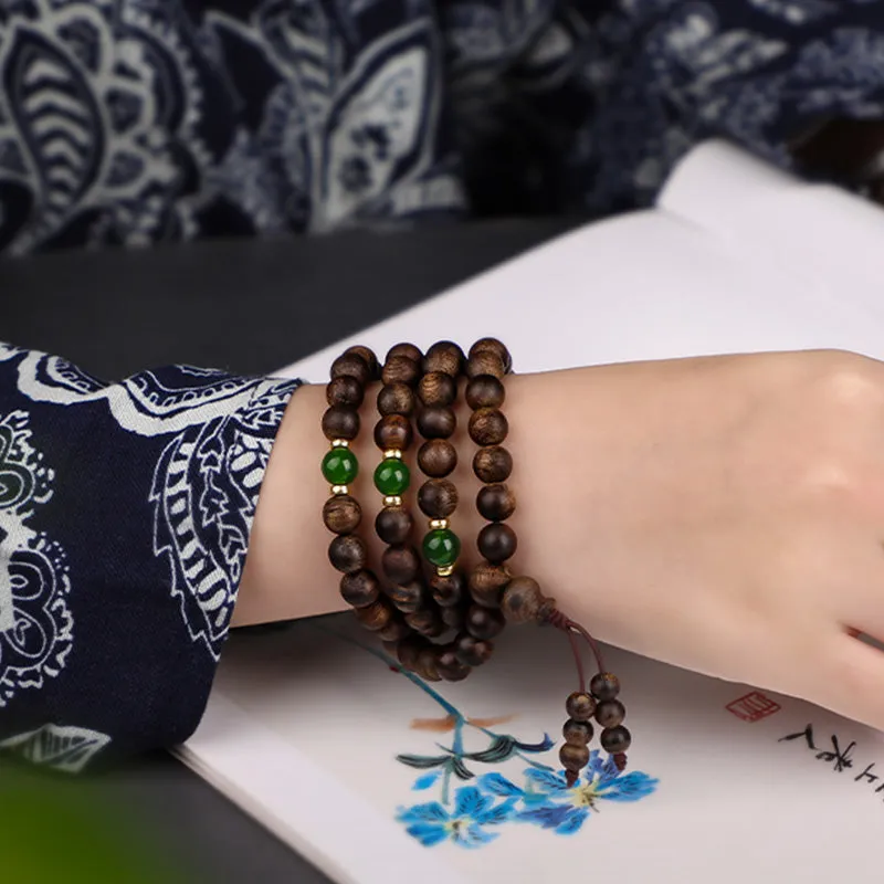Buddha Stones 108 Mala Beads Indonesia Tarakan Rare Agarwood Cyan Jade Ward Off Evil Spirits Bracelet