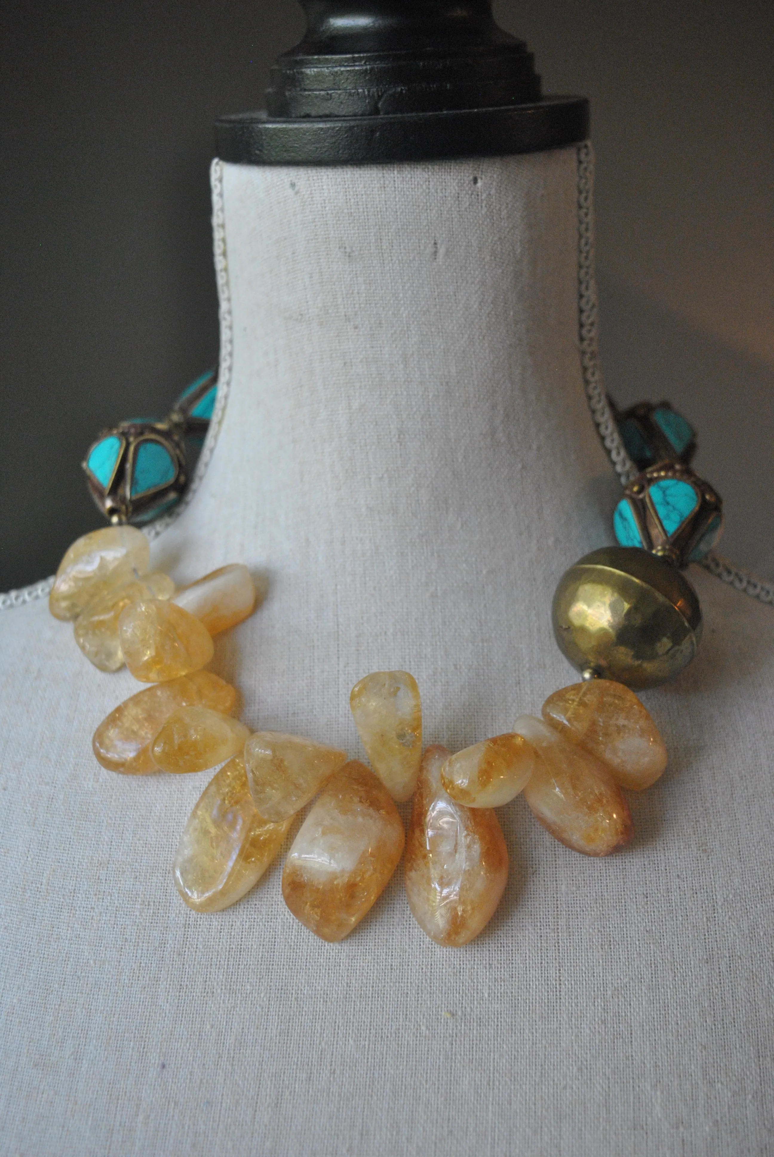 CITRINE FREEFORM AND TURQUOISE VINTAGE BEADS ASYMMETRIC STATEMENT NECKLACE