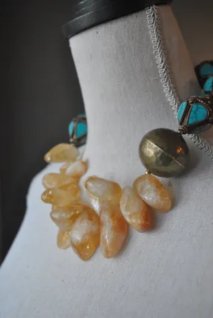 CITRINE FREEFORM AND TURQUOISE VINTAGE BEADS ASYMMETRIC STATEMENT NECKLACE