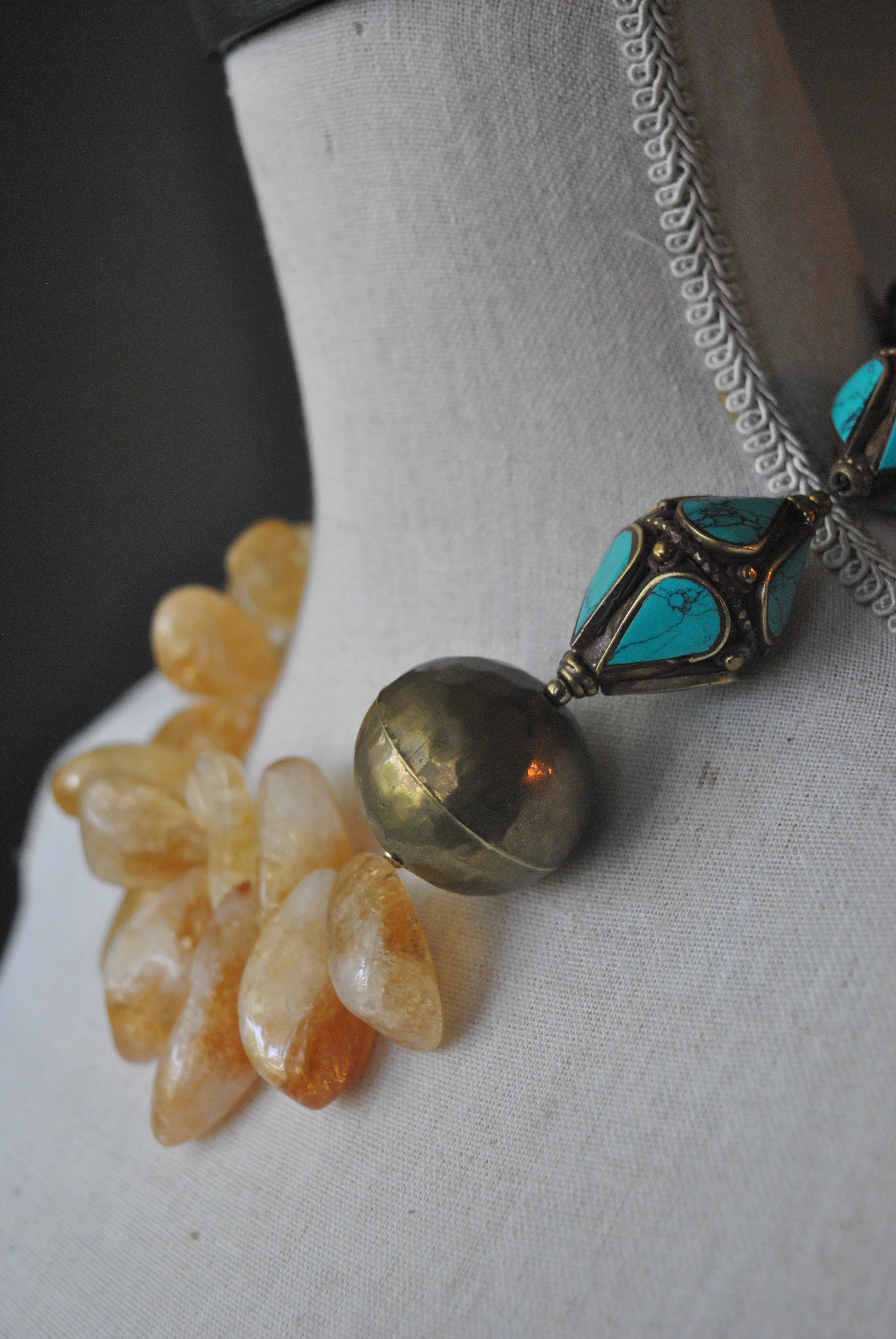 CITRINE FREEFORM AND TURQUOISE VINTAGE BEADS ASYMMETRIC STATEMENT NECKLACE