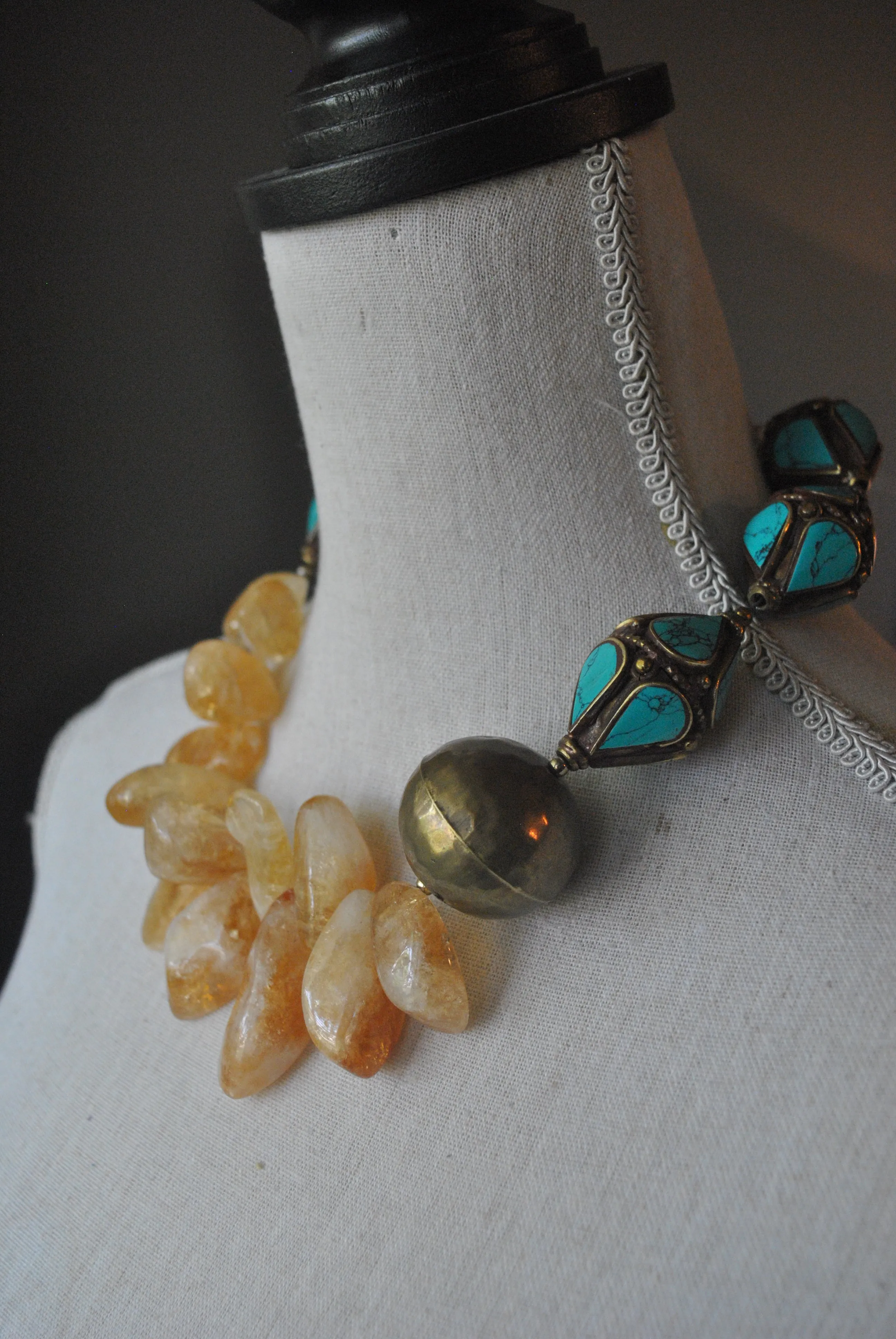 CITRINE FREEFORM AND TURQUOISE VINTAGE BEADS ASYMMETRIC STATEMENT NECKLACE