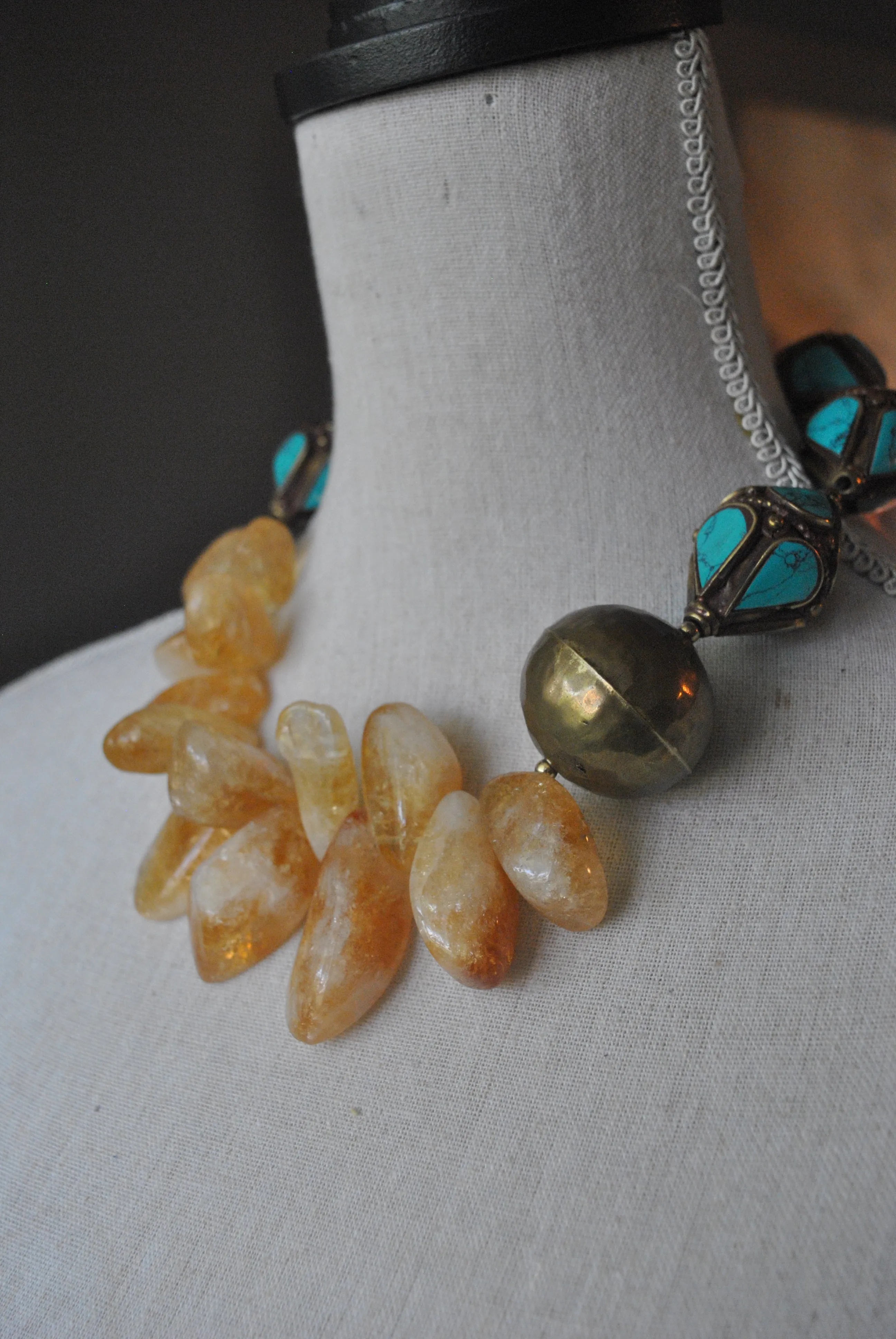 CITRINE FREEFORM AND TURQUOISE VINTAGE BEADS ASYMMETRIC STATEMENT NECKLACE