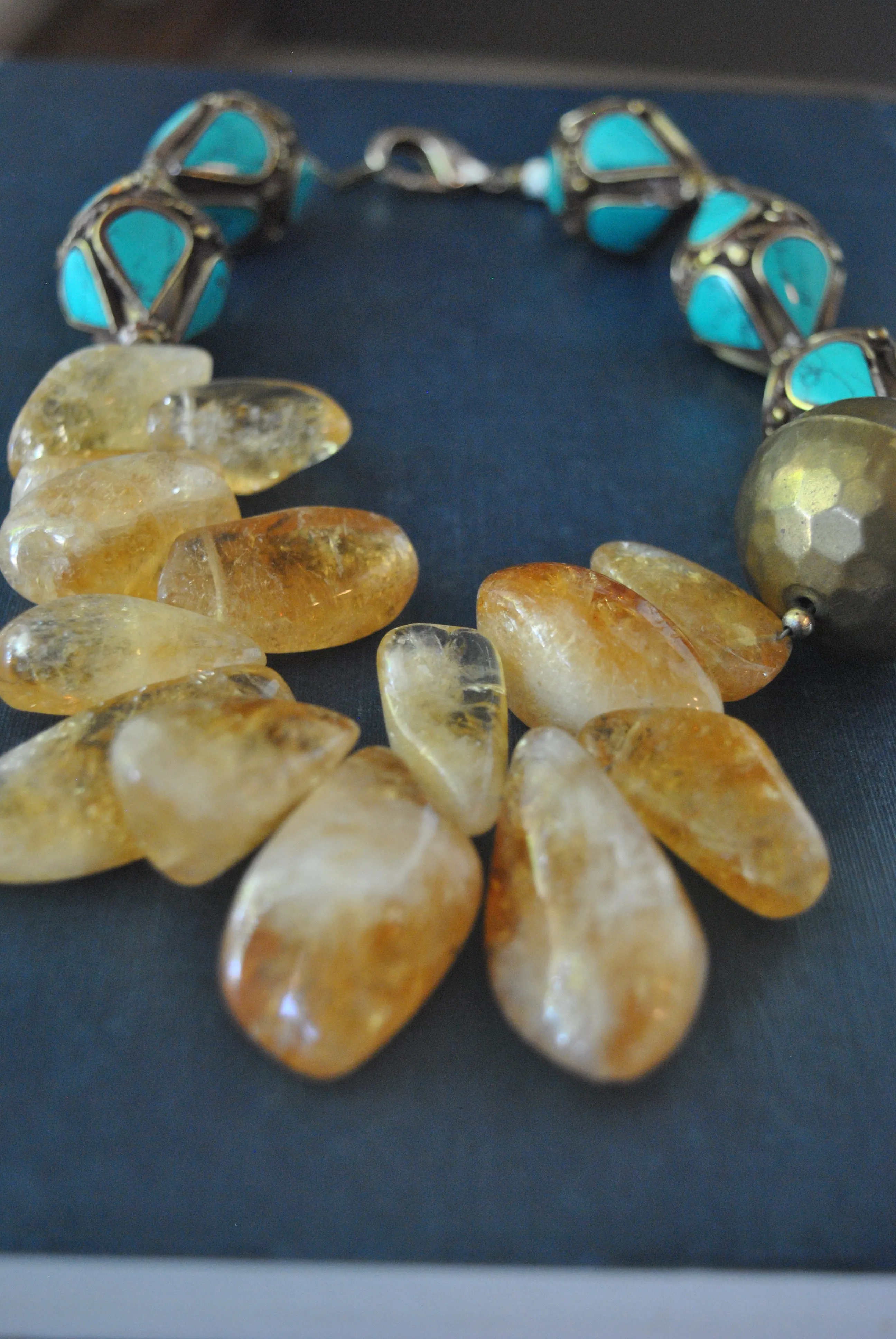 CITRINE FREEFORM AND TURQUOISE VINTAGE BEADS ASYMMETRIC STATEMENT NECKLACE
