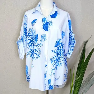 Coral and shells print cotton shirt (M)