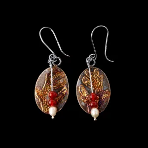 Coral Pattern Textured Earrings with Pearl and Carnelian Beads