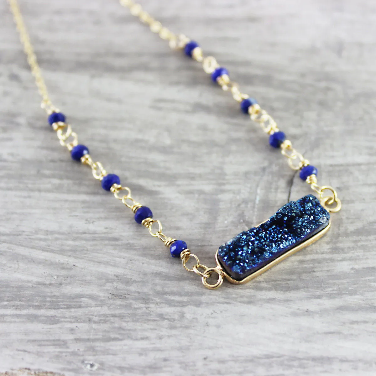 Dark Blue Druzy Bar Necklace - As Worn on Baby Daddy