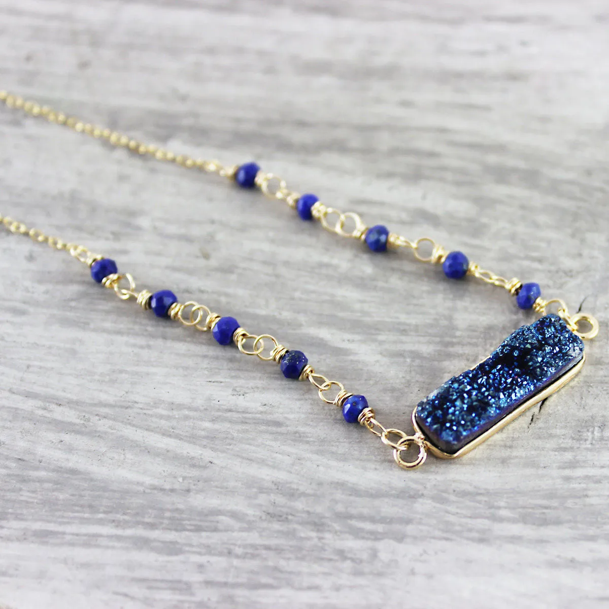 Dark Blue Druzy Bar Necklace - As Worn on Baby Daddy
