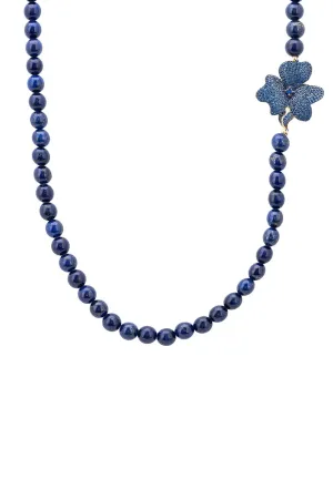 Flower Lapis Lazuli Gemstone Long Necklace Gold