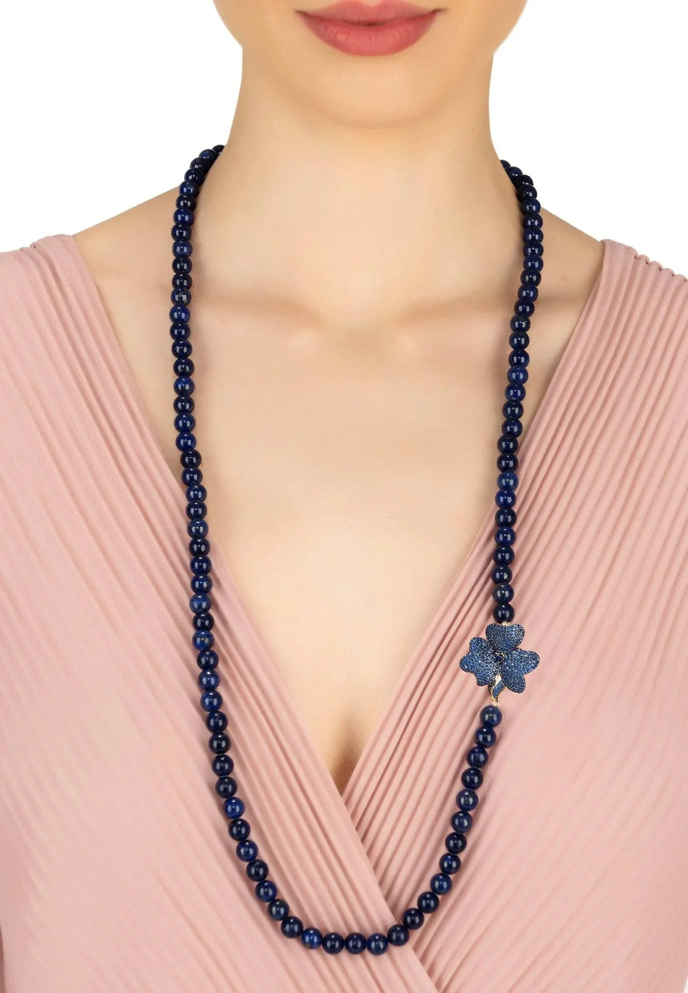 Flower Lapis Lazuli Gemstone Long Necklace Gold