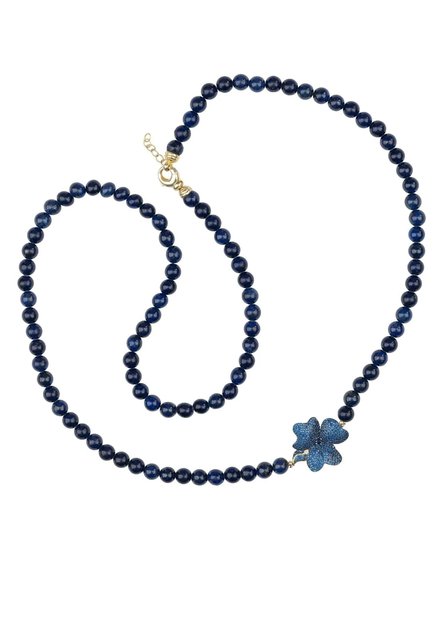 Flower Lapis Lazuli Gemstone Long Necklace Gold