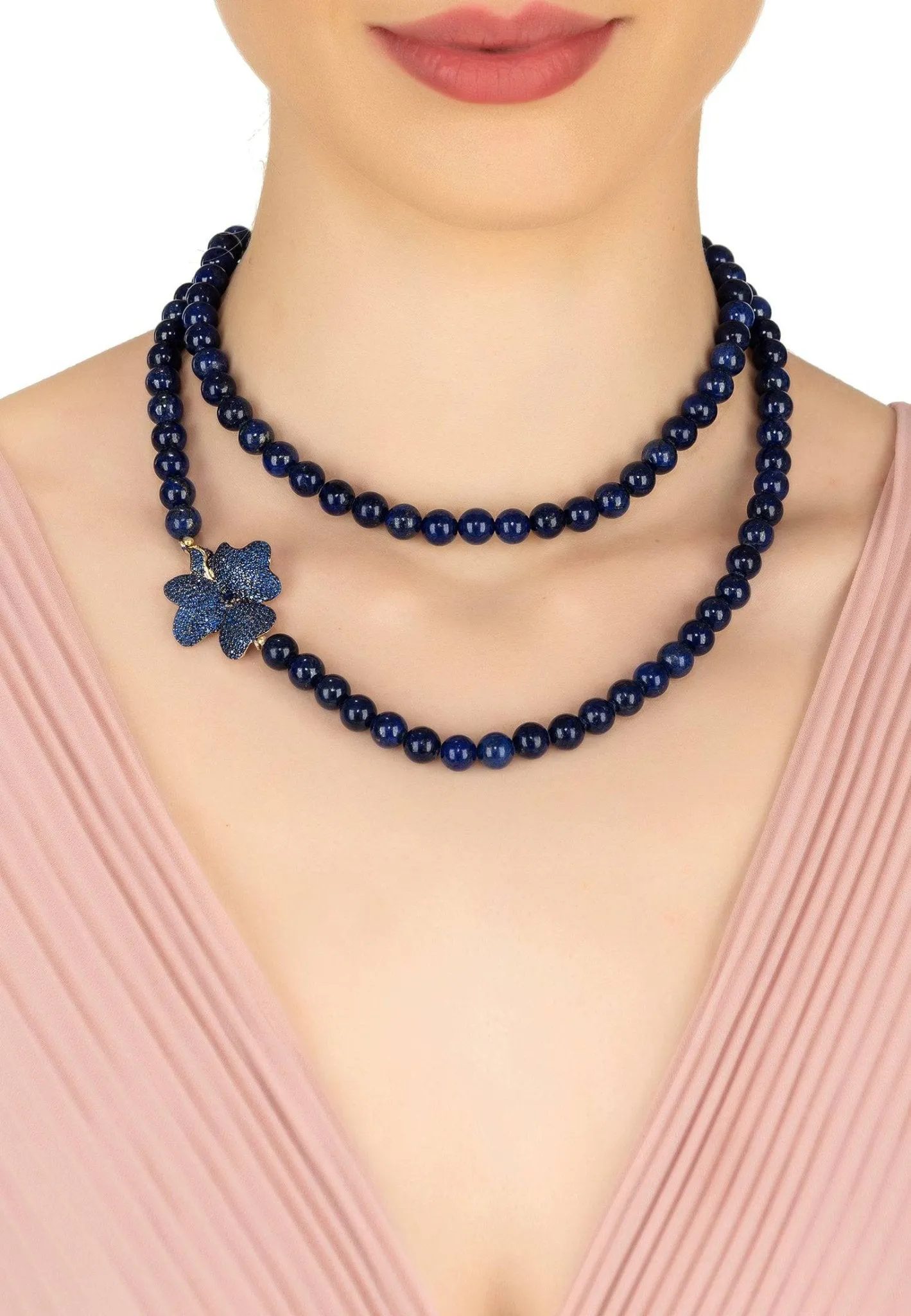 Flower Lapis Lazuli Gemstone Long Necklace Gold