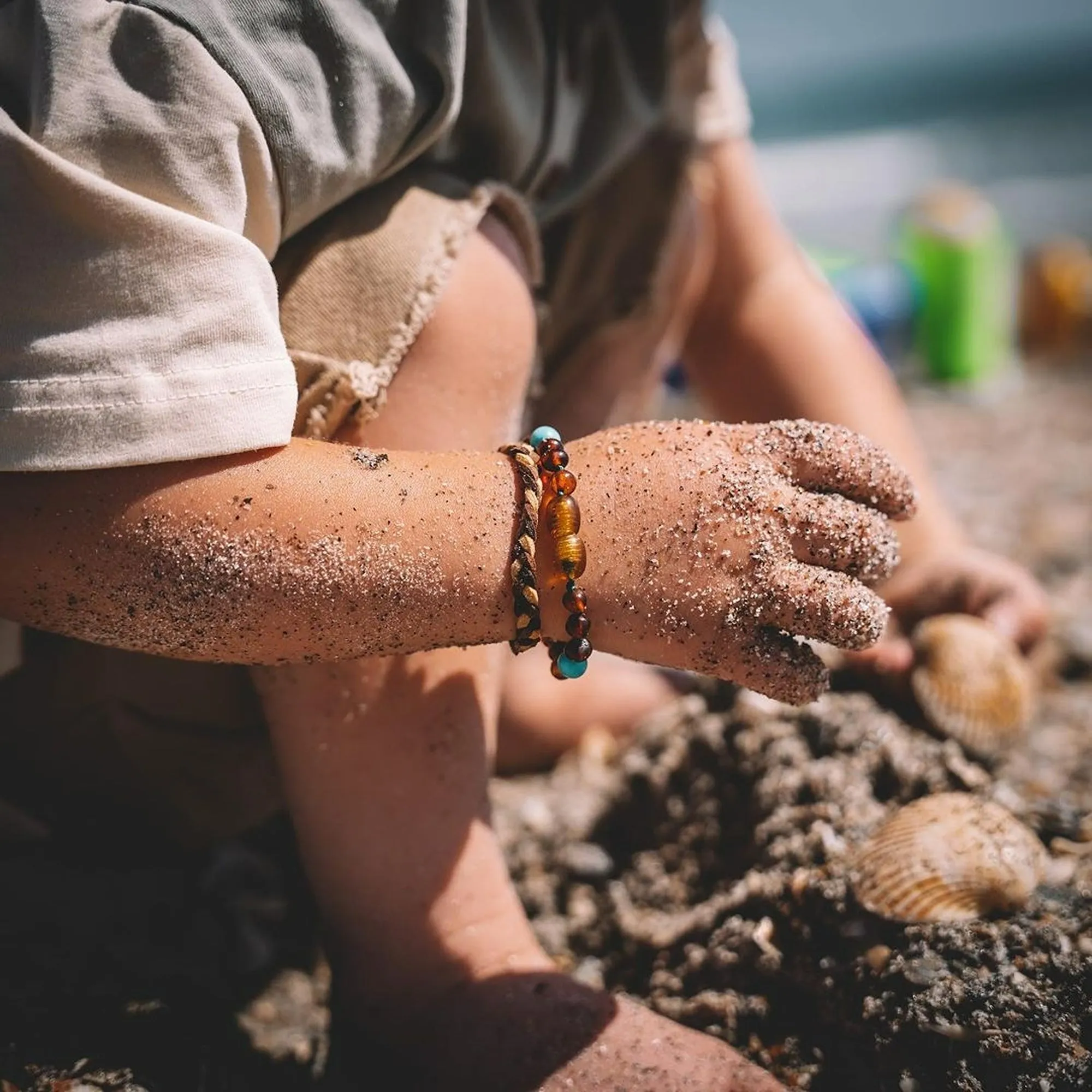 Kids | Green Sea Glass   Raw Cognac Amber Bracelet
