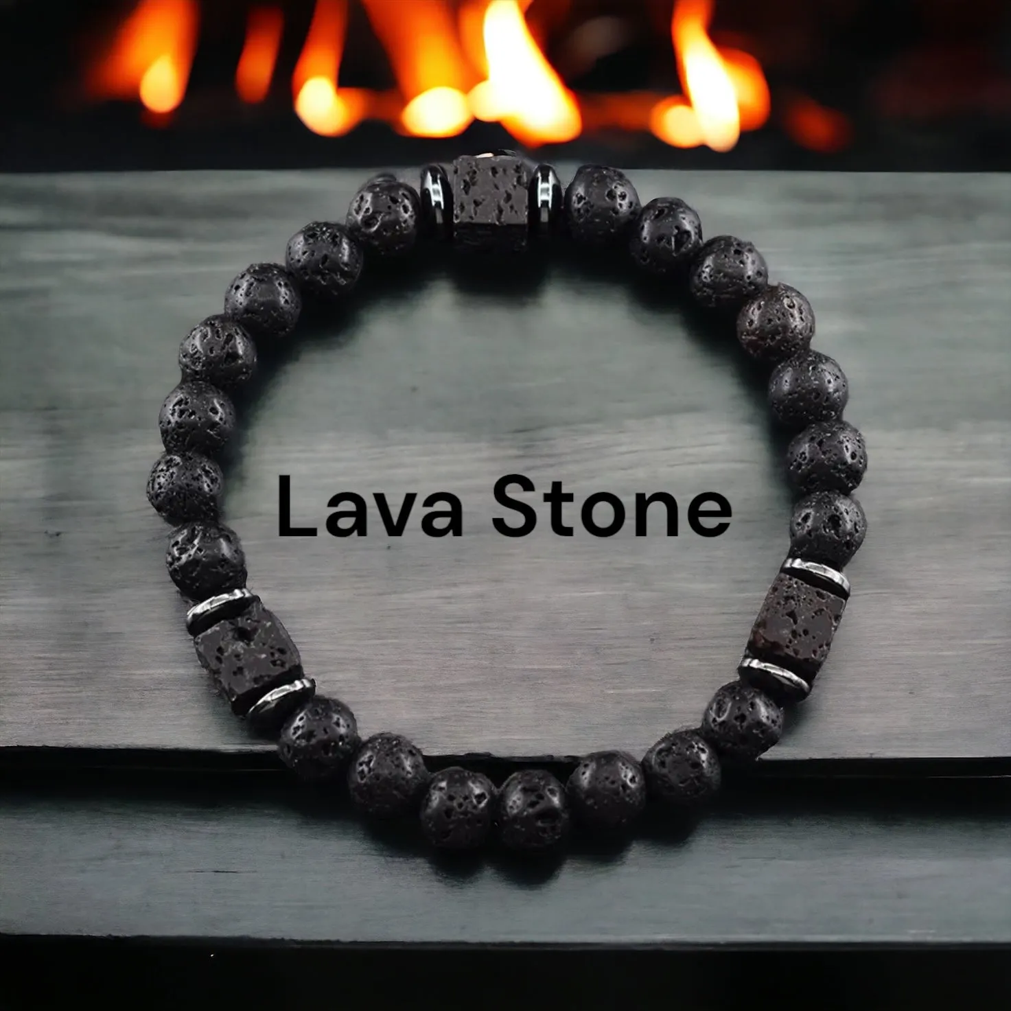 Lava Stone•Hematite & Choice of (Group C) Gemstones•Aromatherapy• Volcanic Cube•Square•Custom Size Size•Round Stretch (8mm) Natural Gemstone Crystal Energy Bead Bracelet