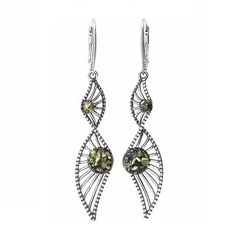 MILENA Earrings Drop Silver and Green Amber